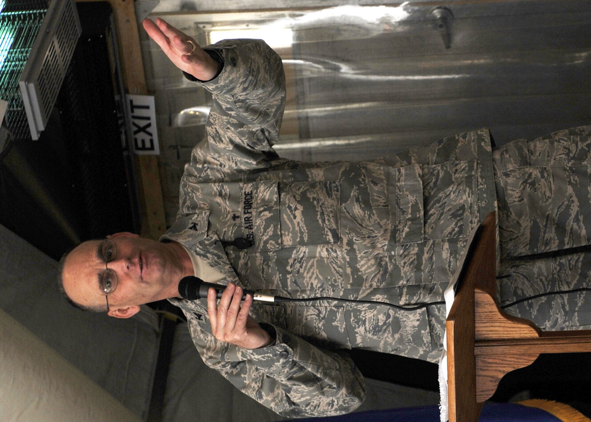 Chaplain (Col.) Jerry Lewis, U.S. Central Command chaplain, gives words of encouragement at the National Prayer Breakfast held at the south park dining facility here Feb. 9, 2010.  Colonel Lewis is the guest speaker and gave a message on “Hope in times like these”.  The National Prayer Breakfast is held annually and is a traditional event used to reaffirm our nation’s spiritual heritage and to seek divine guidance.  (U.S. Air Force photo by Senior Airman Nancy Hooks)