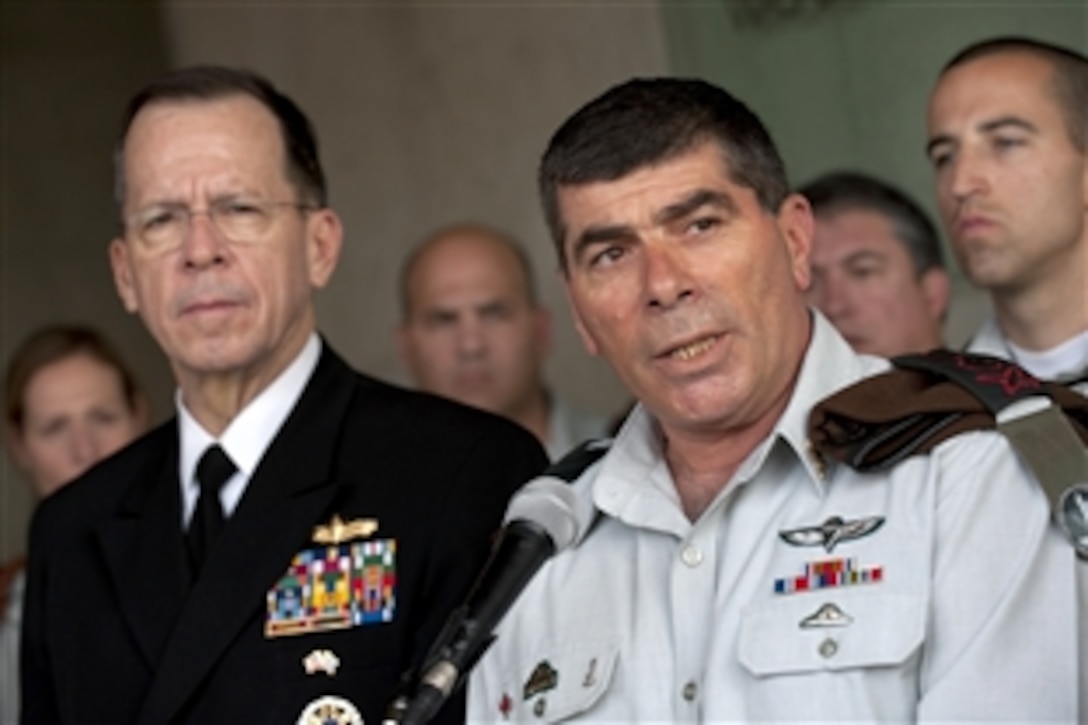 Lt. Gen. Gabi Ashkenazi, chief of defense, Israeli Defense Force and U.S. Navy Adm. Mike Mullen, chairman of the Joint Chiefs of Staff, speak to the press at the conclusion of a tour of the Yad Ve Shem Holocaust Memorial Museum in Jerusalem, Feb. 15, 2010. Mullen is on a weeklong tour of the region visiting with key partners and allies.