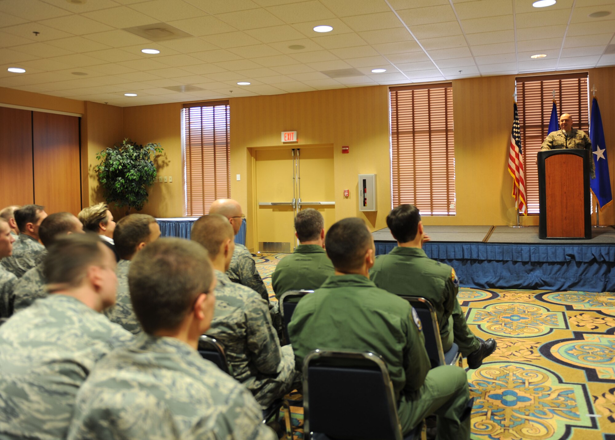 Tech. Sgt. Matthew Slaydon, a former explosive ordnance disposal NCO, talked to D-M Airmen at the Mirage Club here Feb. 5. Sergeant Slaydon spoke about how he was wounded while serving in Iraq as an EOD technician. Since he was injured in 2007, Sergeant Slaydon has begun traveling to bases around the world inspiring Airmen with his story. (U.S. Air Force photo/ Staff Sgt. Valerie Smith)