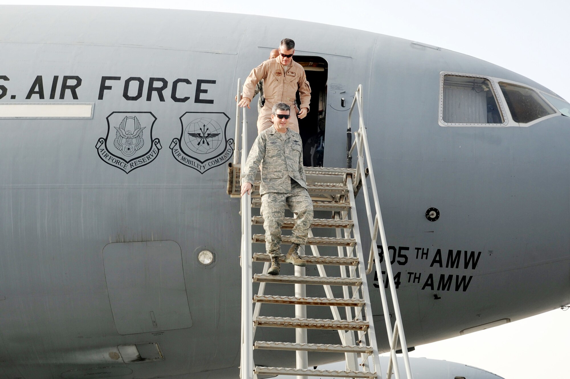 Lt. Gen. Vern M. "Rusty" Findley II steps down from a KC-10 Extender Feb. 11, 2010, at an air base in Southwest Asia. General Findley is the Air Mobility Command vice commander at Scott Air Force Base, Ill. (U.S. Air Force photo/Master Sgt. Scott T. Sturkol)