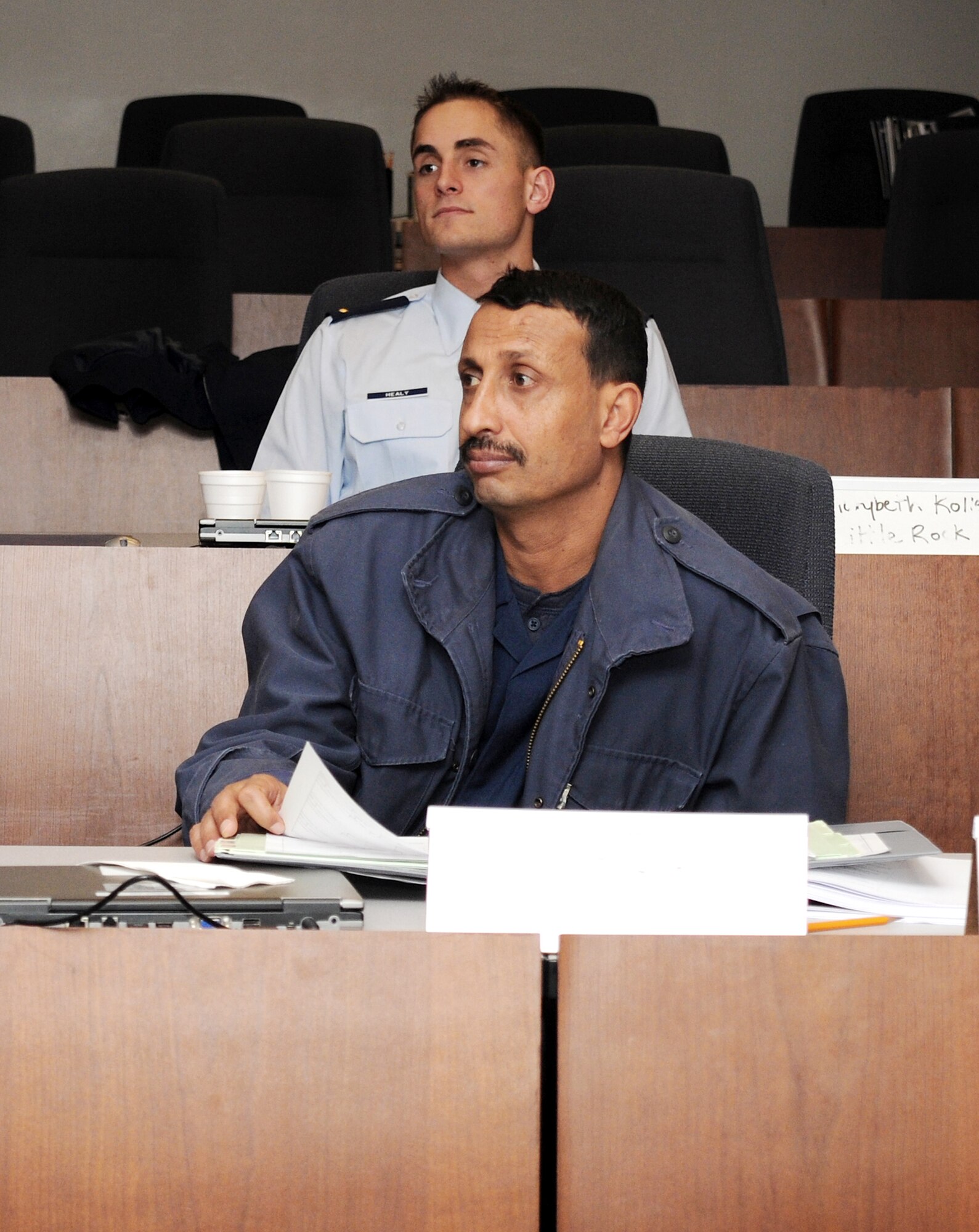Yemeni air force Capt. Abdurabu Al Matari joins 10 Air Force maintenance officers receiving training on aircraft maintenance management at the Air Force Expeditionary Center's Maintenance Officer Course Feb. 8, 2010, at Joint Base McGuire-Dix-Lakehurst, N.J. The course provides a strategic communication opportunity for the Expeditionary Center. (U.S. Air Force photo/Staff Sgt. Veuril K. McDavid)