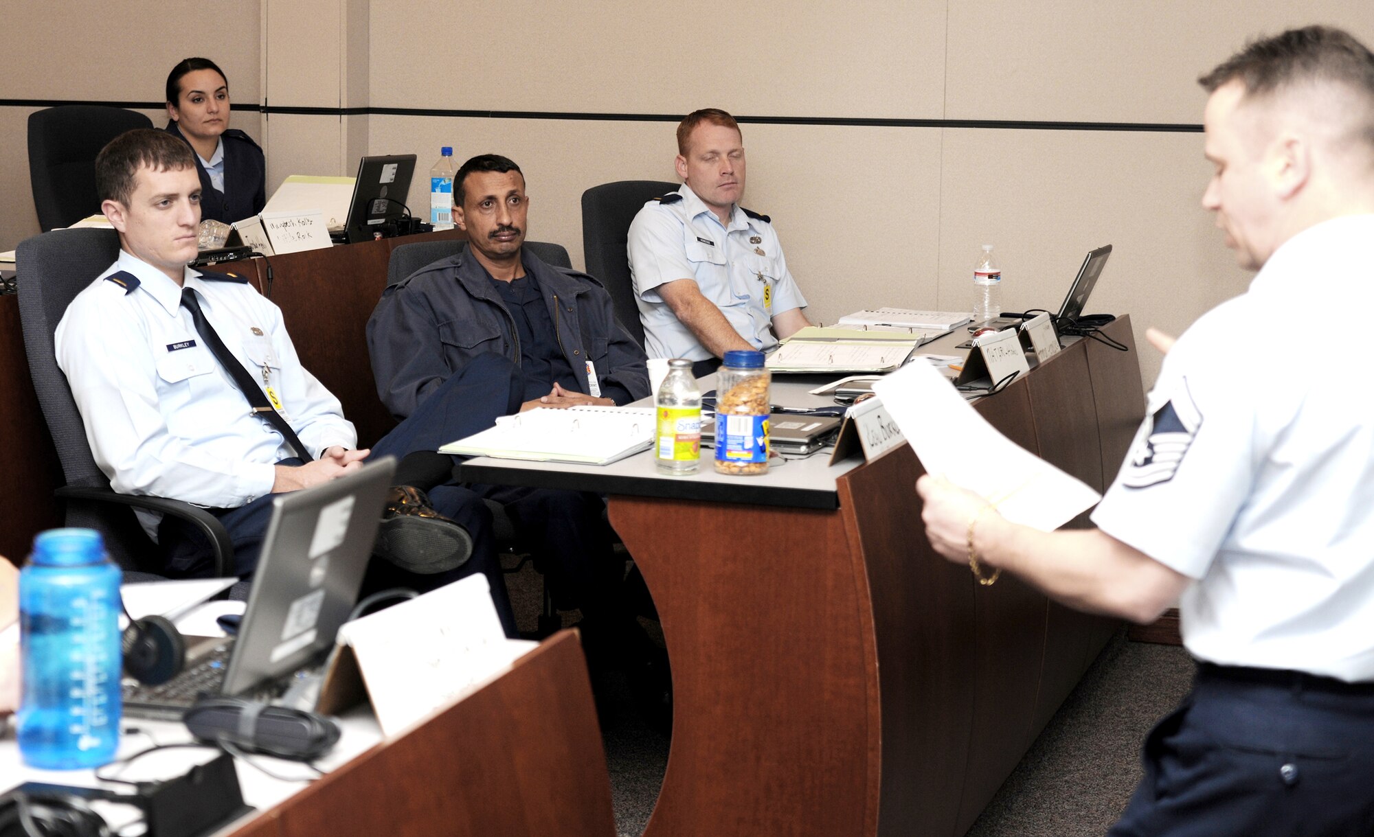 Yemeni air force Capt. Abdurabu Al Matari joins 10 Air Force maintenance officers receiving training on aircraft maintenance management at the Air Force Expeditionary Center's Maintenance Officer Course Feb. 8, 2010, at Joint Base McGuire-Dix-Lakehurst, N.J. The course provides a strategic communication opportunity for the Expeditionary Center. (U.S. Air Force photo/Staff Sgt. Veuril K. McDavid)