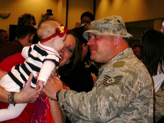 Technical Sgt. Christopher J. Anderson, 127th Security Forces, is introduced to his five-month-old daughter, Isabell at Selfridge Air National Guard Base, Mich., Feb. 12 by his wife, Kimberly, after returning from Camp Sather, Baghdad International Airport, Iraq. Anderson's duties consisted of quick reactionary force measures, perimeter security, and flight line security. Approximately 10 other security forces Airmen were greeted by family, friends and fellow Guardsmen at the Selfridge Dining Facility. (USAF photo by 2LT Anthony J. Lesterson)