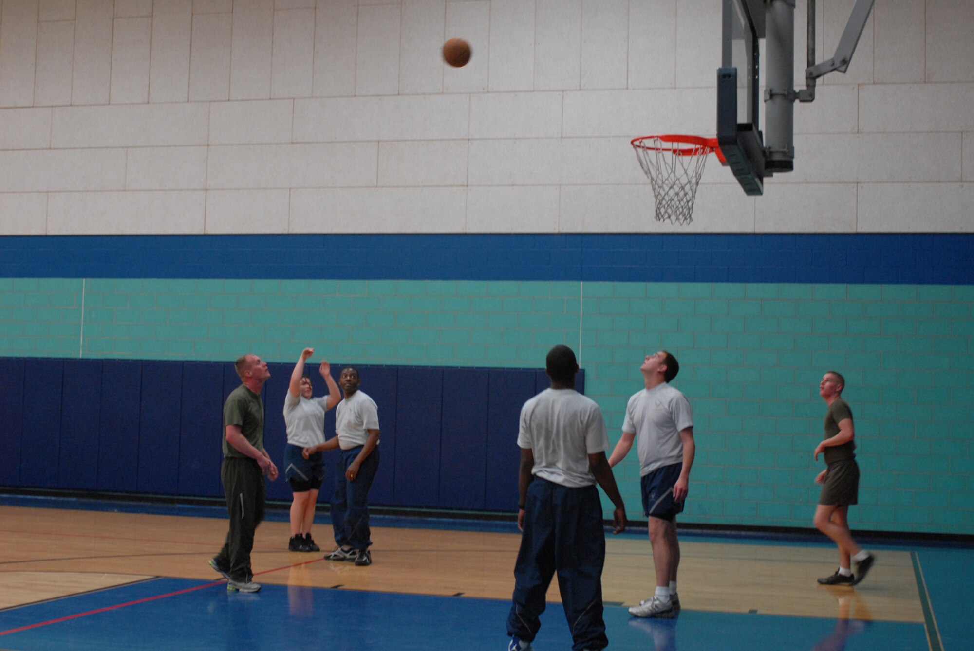 GOODFELLOW AIR FORCE BASE, Texas -- Senior Airman Nicole Harris, a student from the 316th Training Squadron, takes a shot during sports day, Feb. 12, 2010. Sports day provided a variety of activities for all participants including volleyball, tennis, dodge ball and more. (U.S. Air Force photo/Staff Sgt. Laura R. McFarlane)
