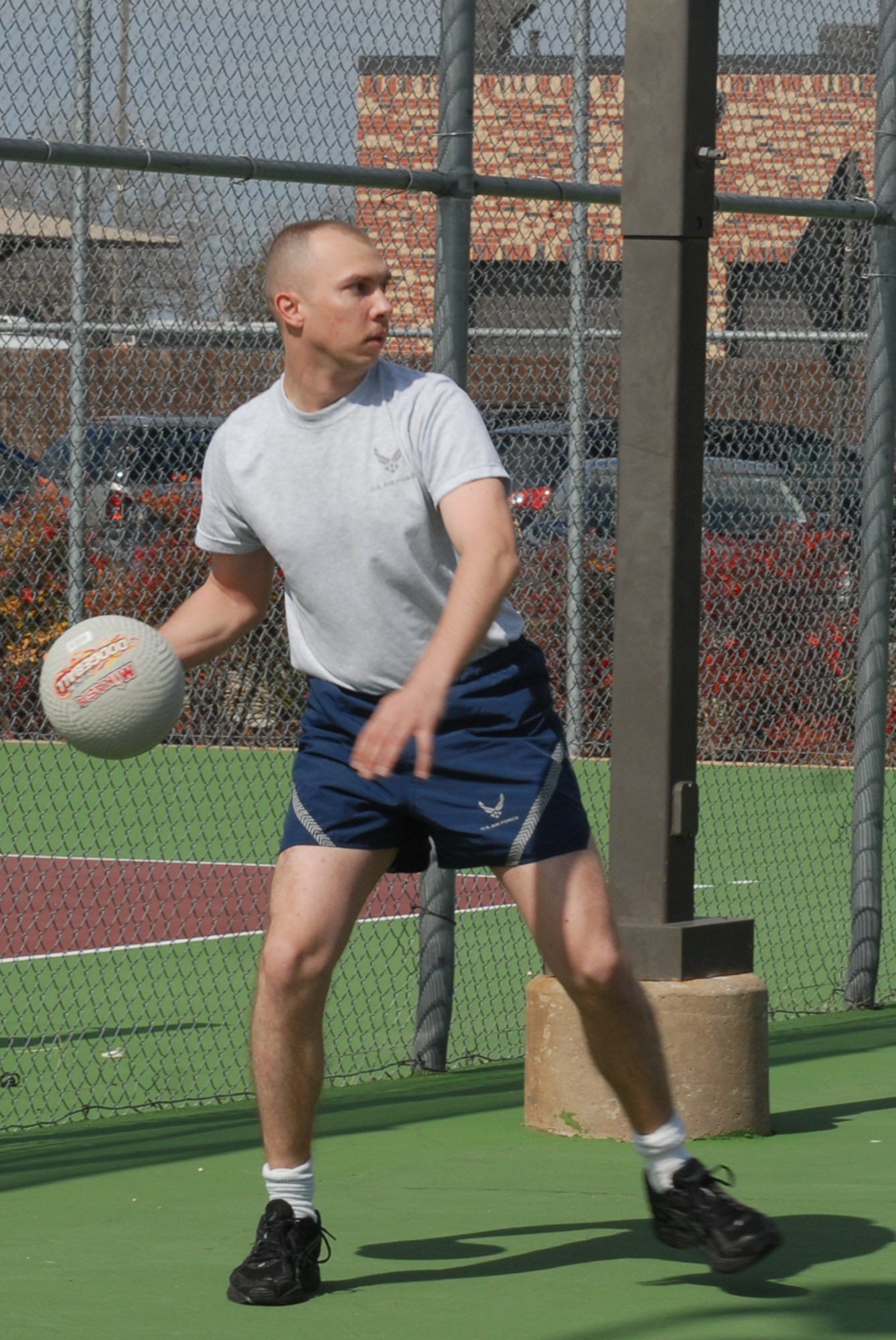 GOODFELLOW AIR FORCE BASE, Texas -- Airman 1st Class Christopher Wyffels, 17th Security Forces Squadron, plays dodge ball during sports day, Feb. 12, 2010. Sports day provided a variety of activities for all participants including volleyball, tennis, dodge ball and more. (U.S. Air Force photo/Staff Sgt. Laura R. McFarlane)
