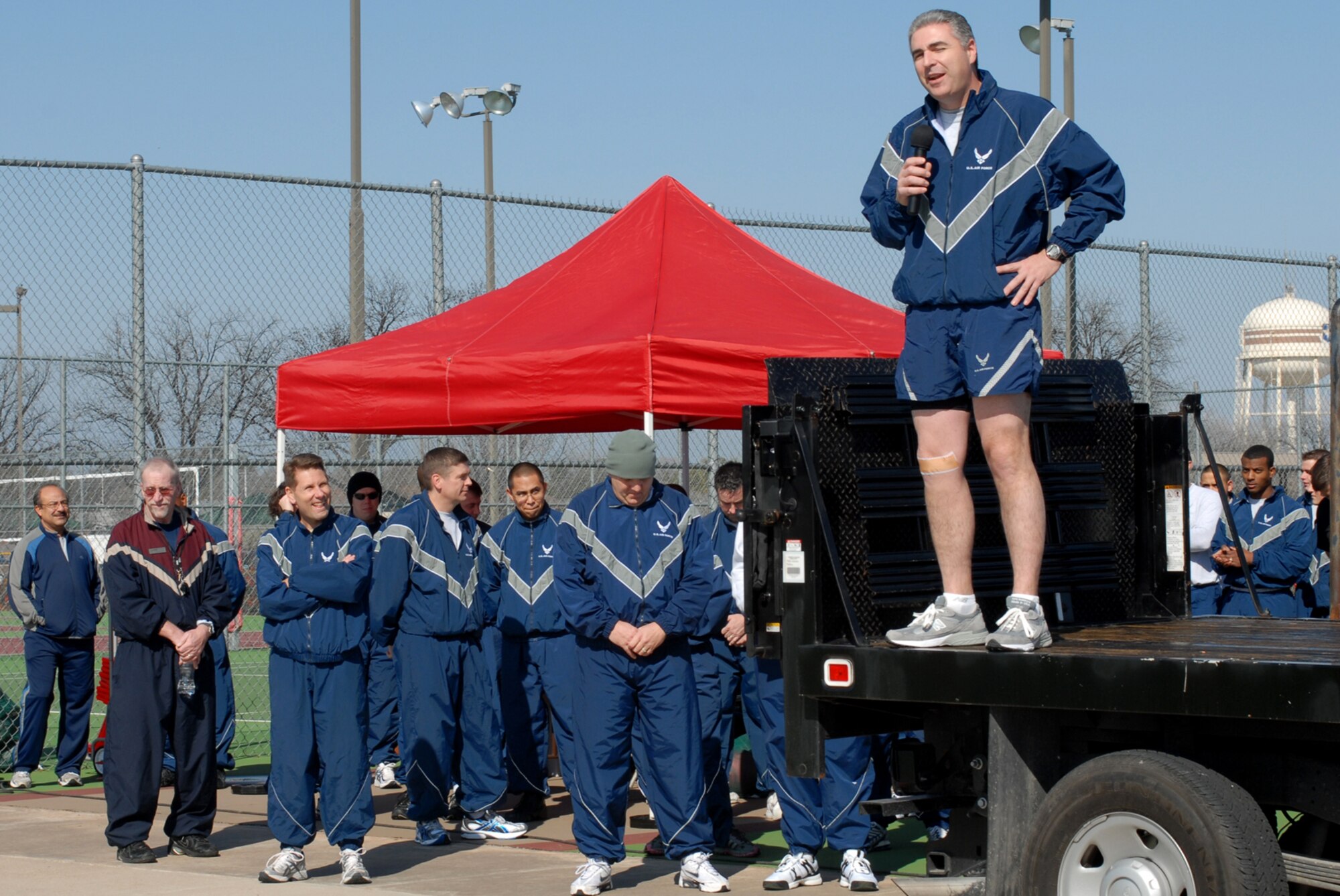 GOODFELLOW AIR FORCE BASE, Texas -- Col. Thomas Geary, 17th Training Wing commander, addresses participants at the beginning of sports day, Feb. 12, 2010. Sports day provided a variety of activities for all participants including volleyball, tennis, dodge ball and more. (U.S. Air Force photo/Staff Sgt. Laura R. McFarlane)
