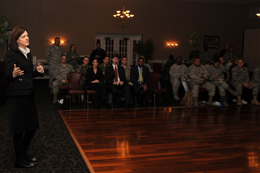 Janet Cowell, North Carolina State treasurer, speaks to Airmen from Seymour Johnson Air Force Base, N.C., about the importance of financial knowledge during a Financial Fair Feb. 12, 2010. Before Cowell became the first female treasurer of N.C., she served as a member of the North Carolina Senate. (U.S. Air Force photo/Senior Airman Whitney Lambert)