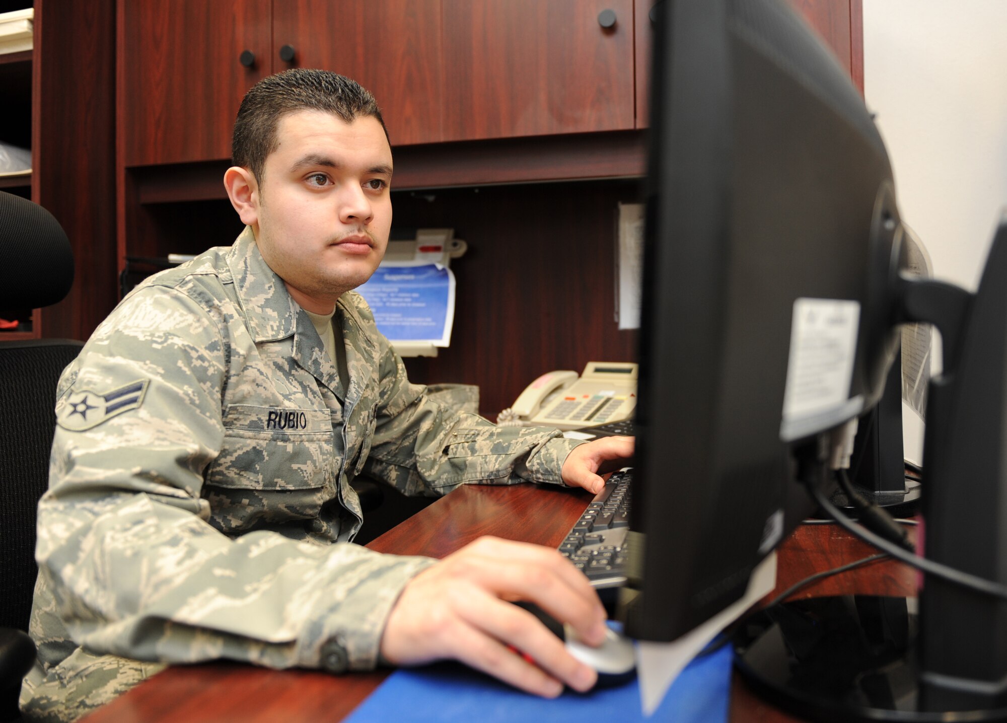 MOUNTAIN HOME AIR FORCE BASE, Idaho --Airman 1st Class Tito Rubio serves as the knowledge operator for the 366th Operations Group. (U.S. Air Force photo by Airman 1st Class Renishia Richardson)