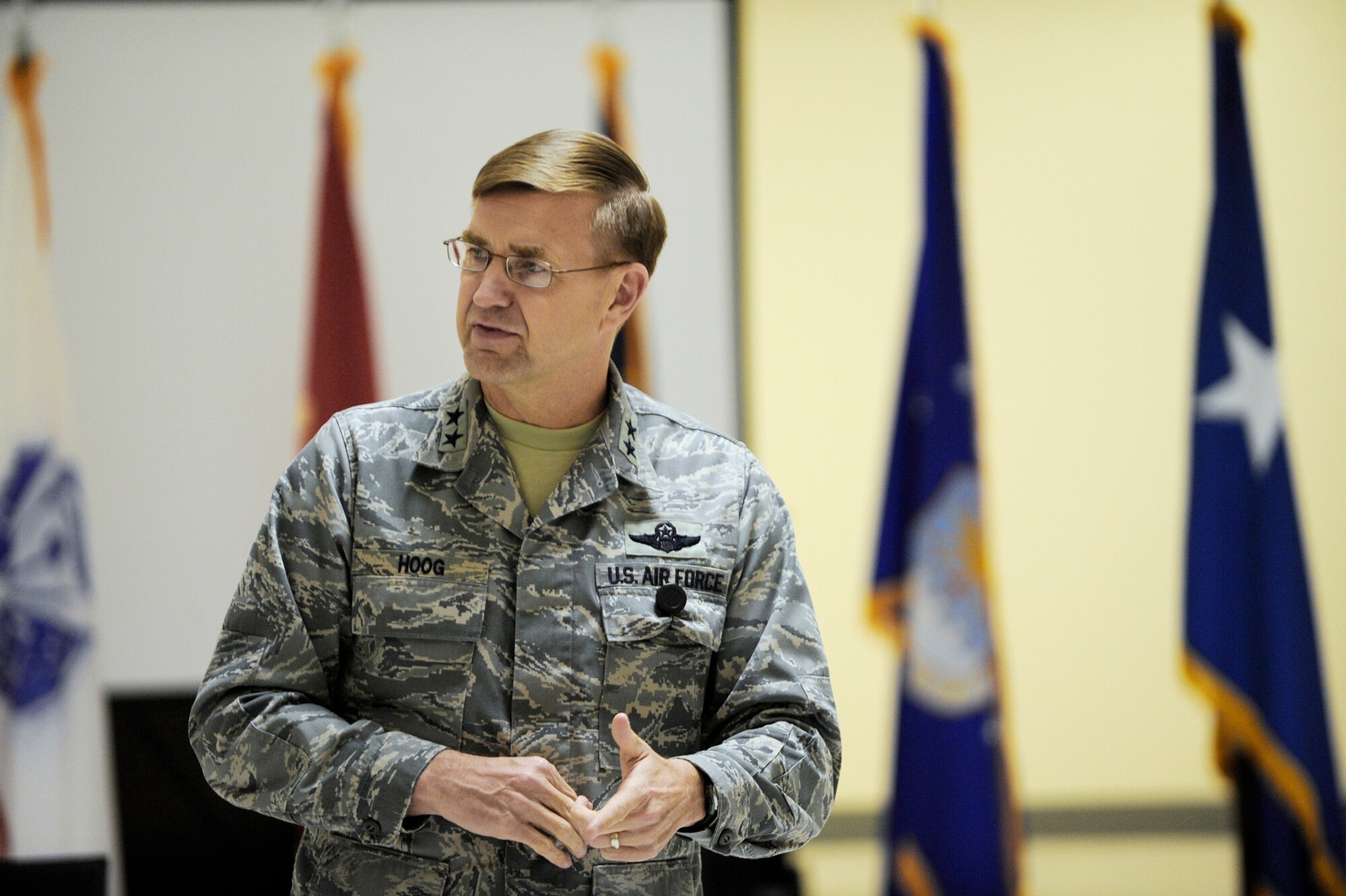 Maj. Gen. Stephen L. Hoog, speaks at the Theater Space Conference Feb. 8, 2010, at a base in Southwest Asia. General Hoog is deputy commander of both U.S. Air Forces Central Command and Combined Force Air Component commander and the vice commander of the 9th Air Expeditionary Task Force. (U.S. Air Force photo/Staff Sgt. Manuel J. Martinez)