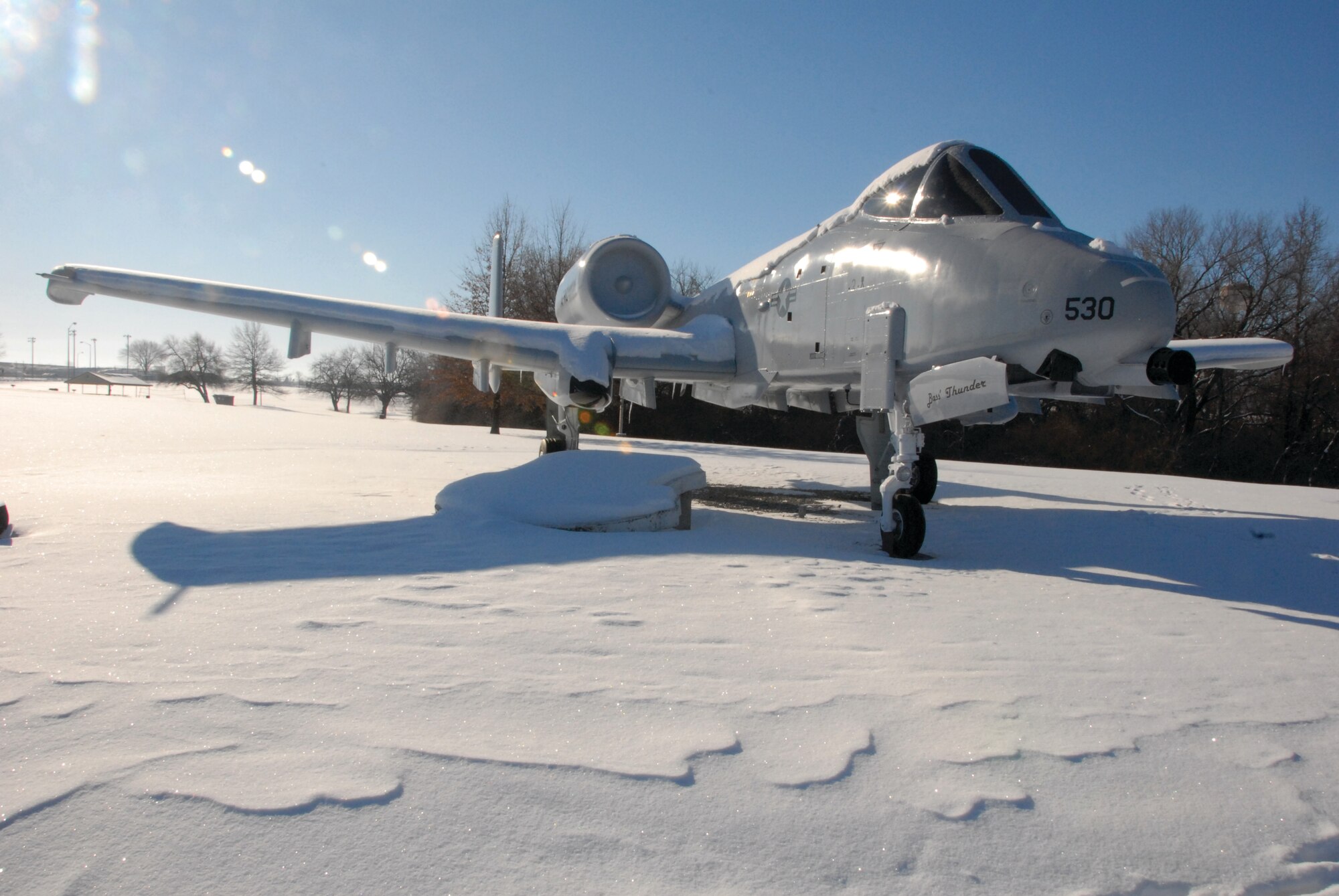 An A-10 Thunderbolt II static display photographed on a snowy day during the January unit training assembly. The 442nd Fighter Wing is an Air Force Reserve unit at Whiteman Air Force Base, Mo. 