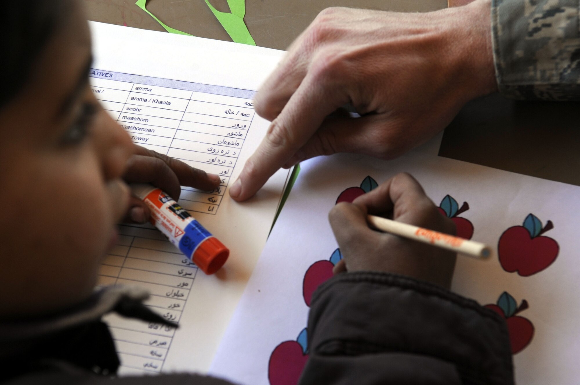 Members from the 451st Air Expeditionary Wing help make family trees with local Afghan children at the Bazaar School Feb. 15, 2010.  The Bazaar School is a place where local Afghan children can play games and participate in activities with military members from Kandahar Airfield.  (U.S. Air Force photo/Senior Airman Nancy Hooks/Released)