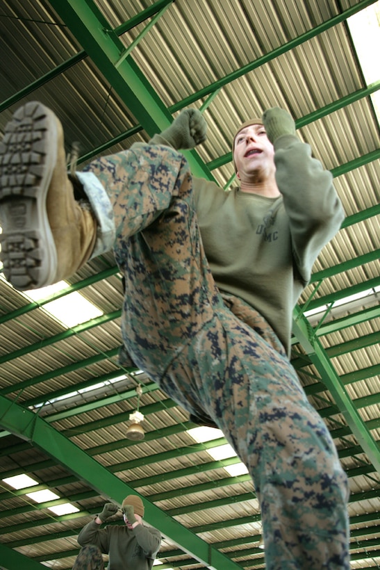 Recruit Taylor Hughes executes a front kick during his MCMAP training at Leatherneck Square, Feb. 18.