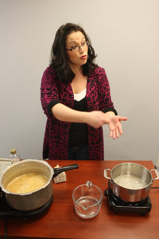 Shannon Vavich, an independent cooking instructor explains the ins and outs of candy-making during the Candy School class at the Harriotte B. Smith library, Feb. 17. Participants learned to make caramel, master and divinity candy and boiled icing, all from scratch.