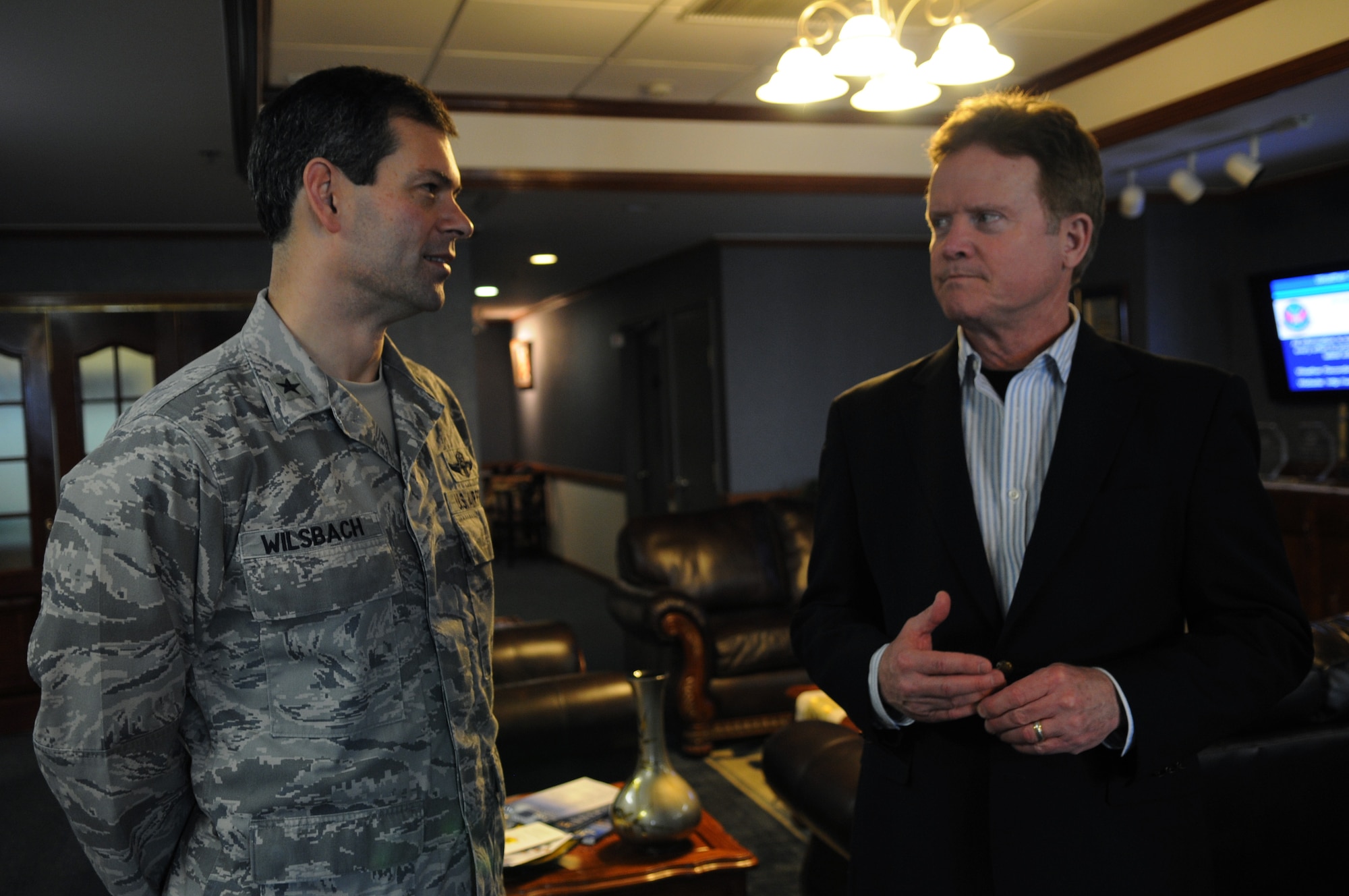 Brig. Gen Ken Wilsbach, 18th Wing commander and Senator Jim Webb of Virginia  bid farewell at Kadena Air Base, Feb. 17. Sen. Webb received an 18th Wing mission brief and a tour of the base as part of a multi-service visit to Okinawa. (U.S. Air Force photo by Senior Airman Amanda N. Grabiec)