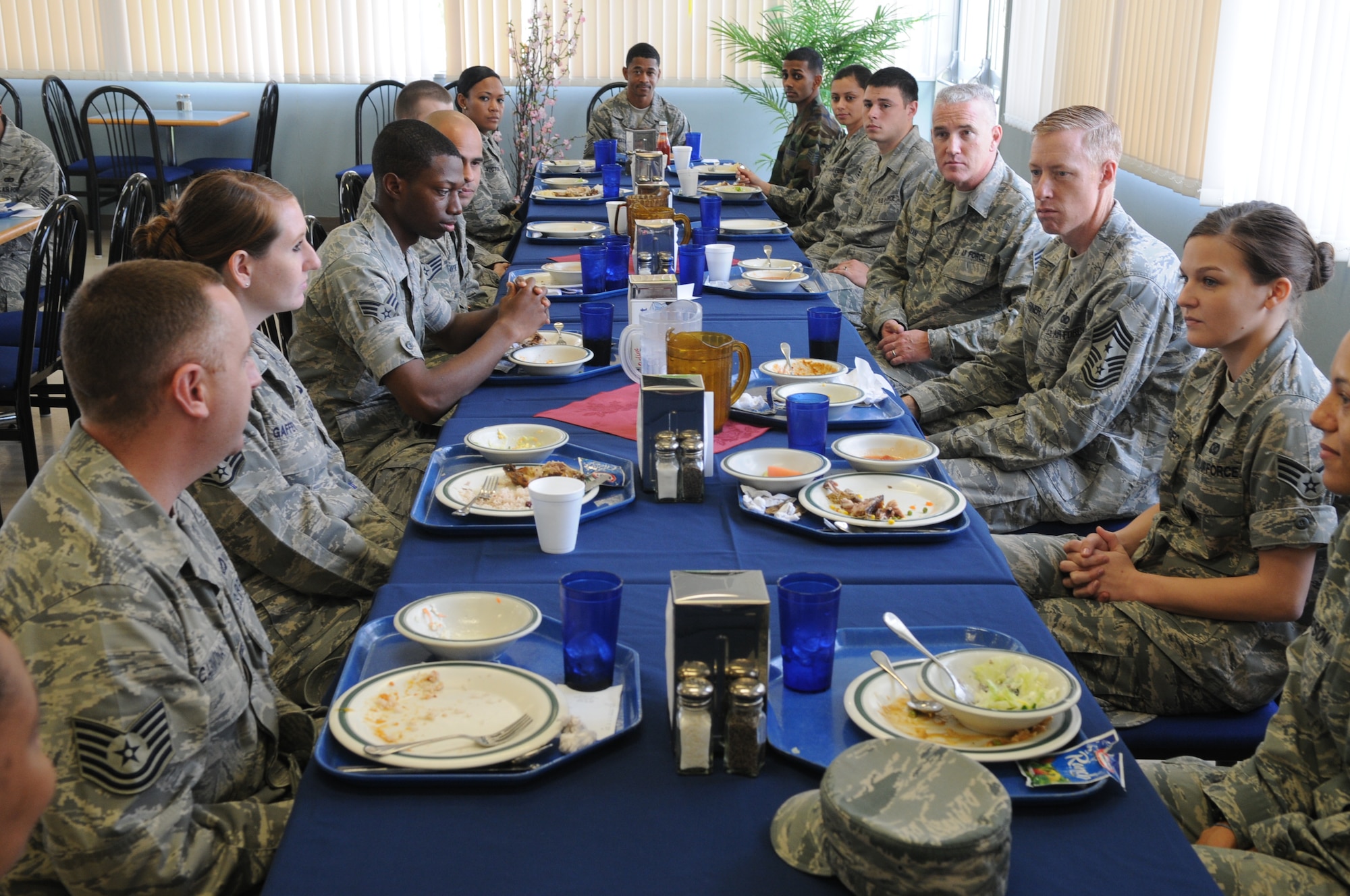 Chief Master Sgt. Brooke McLean, Pacific Air Force Command Chief, lunches with Kadena Airmen during the Chief's visit to Kadena Air Base, Japan, Feb. 11. During his three-day visit, Chief McLean visited various units on base, spoke with Airmen and gained a better understanding of the Kadena mission. This was the Chief's first visit to Kadena since taking the reigns as the command's top enlisted leader.
(U.S. Air Force photo / Staff Sgt. Christopher Hummel)