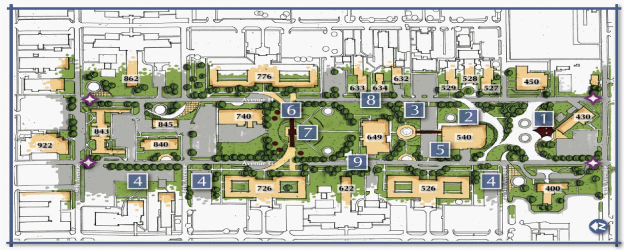 After all the phases of the Student Campus and Town center are completed each
of the numbered areas represent a different and unique aspect of the campus
as follows:
1.      Stamped concrete plaza with tensile structure & seating

2.      Plaza & outdoor seating 

3.      Troop walkways

4.      Additional parking

5.      Physical training pads

6.      Outdoor covered dining area

7.      Central clock tower w/colored concrete plaza, covered walkway, and
outdoor amphitheater

8.      Avenue H is multi-use

9.      Avenue G is multi-use
