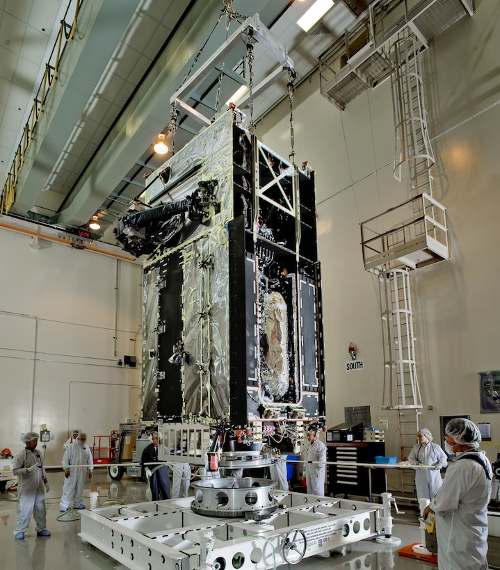 Shown here is the first Space Based Infrared System (SBIRS)
geosynchronous orbit (GEO-1) spacecraft in preparation for final factory
work at Lockheed Martin's facilities in Sunnyvale, Calif.
 (Photo courtesy of Lockheed Martin Space Systems)
