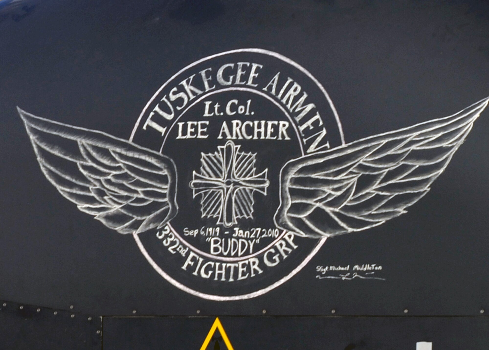 Created by Staff Sgt. Michael Middleton, a new chalk nose art is displayed on an RQ-4 Global Hawk assigned to the 380th Air Expeditionary Wing at an air base in Southwest Asia Feb. 12, 2010.  The nose art honors Tuskegee Airman Lt. Col. Lee Archer who died Jan. 27 at the age of 90 in New York City. (U.S. Air Force photo/Master Sgt. Scott T. Sturkol)