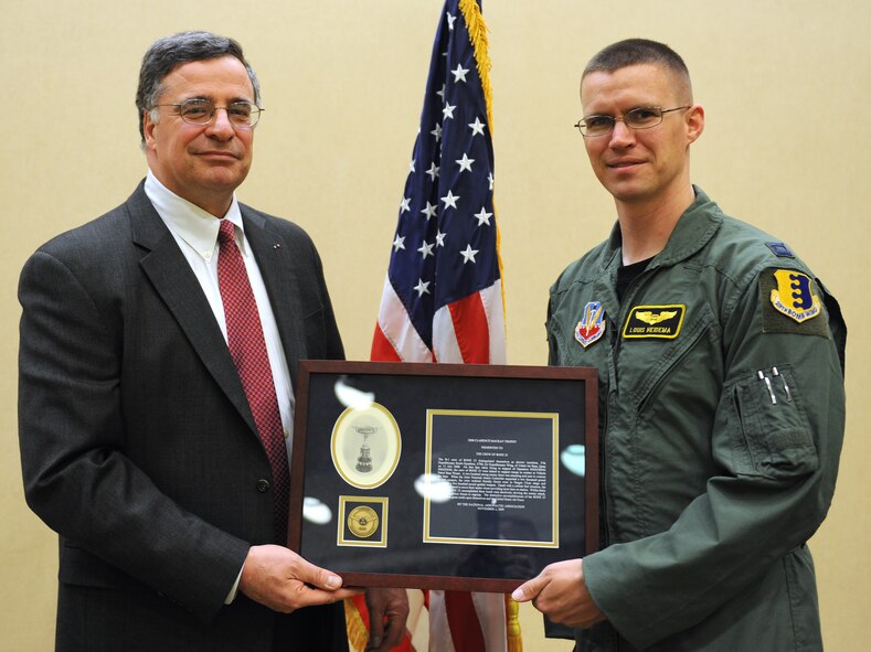 ELLSWORTH AIR FORCE BASE, S.D.-- Capt. Louis "Salami" Heidema, 37th Bomb Squadron weapons systems officer and BONE 23 crew member, accepts the 2008 Mackay Trophy from Jonathan Gaffney, president and CEO of the National Aeronautic Association, the oldest national aviation organization in the United States, Feb 16. The Mackay Trophy is the oldest and most prestigious award given annually to Air Force aircrews for the most meritorious flight of the year.  BONE 23 received the award for outstanding performance in a deployed environment. Previous recipients have included Gen. Henry “Hap” Arnold, Capt. Eddie Rickenbacker, Major Gen. Chuck Yeager, and former 34th Bomb Squadron Raider General Jimmy Doolittle.  (U.S. Air Force photo/Master Sgt. Loren J. Bonser)