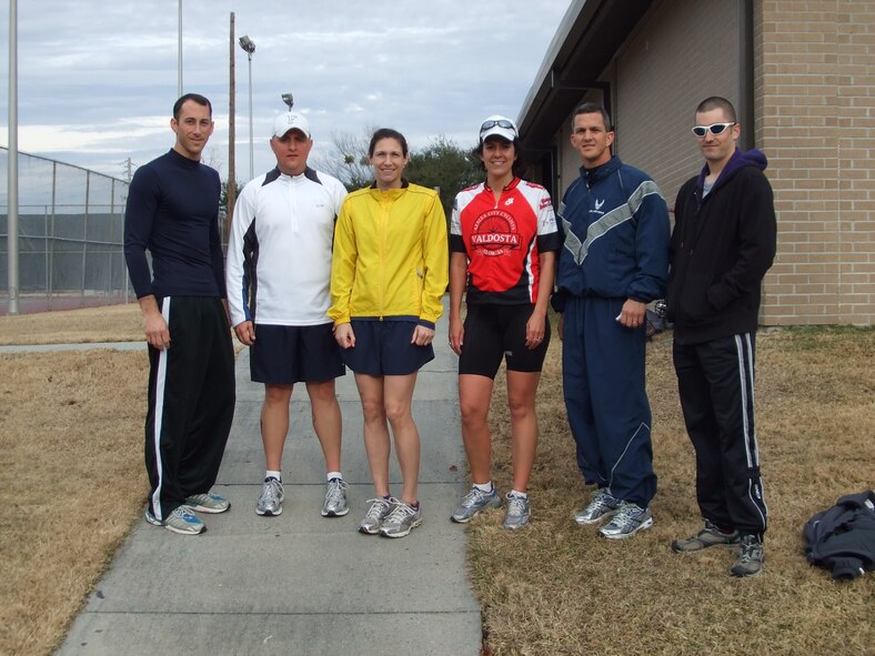 MOODY AIR FORCE BASE, Ga. -- The participants of the Freedom I Fitness and Sports Center’s Annual 2010 Polar Bear Triathlon pose here Jan. 29. From left to right: Capt. Trevor Ambron, Staff Sgt. James Lewis, Capt. Tara McCall, Reina Jacobson, Chief Master Sgt. Richard Parsons and Senior Airman Robert Nelson. Captain Ambron placed first for the males with a time of 1:13:49 and Captain McCall placed first for the females with a time of 1:20:36. Participants of the triathlon competed for the best combined time in the running, swimming and biking events. Throughout the year, the fitness center hosts several activities including fun runs and walks, bike and swim challenges, tournaments and a variety of other fitness challenges. For more information on any of these, call (229) 257-4939. (Contributed photo)