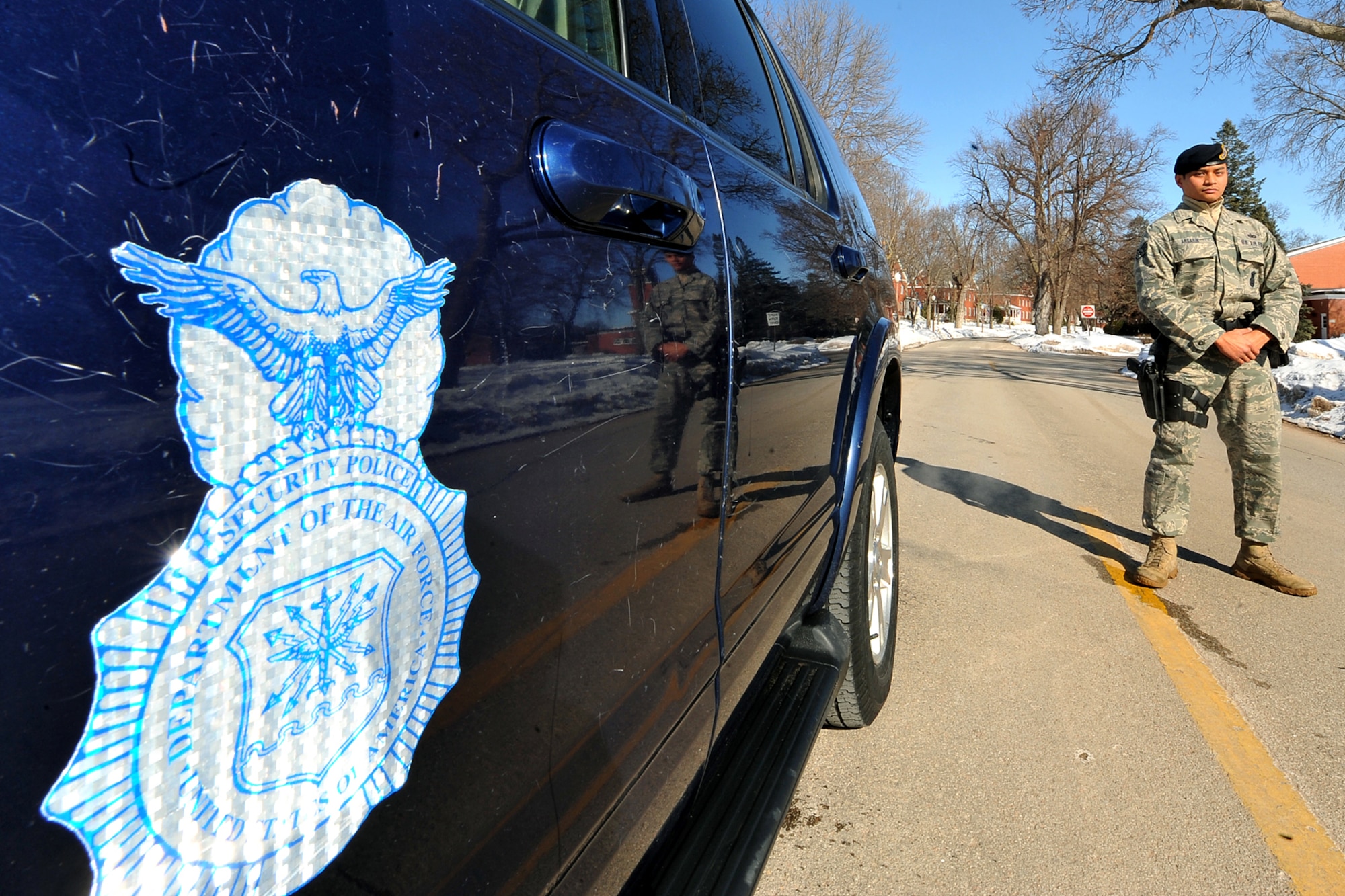 OFFUTT AIR FORCE BASE, Neb. - Staff Sgt. Ernie Argarin, a 55th Security Forces Squadron patrolman, and many other security forces professionals assigned to the squadron work to keep Offutt people and resources safe on a daily basis. U.S. Air Force photo by Charles Haymond