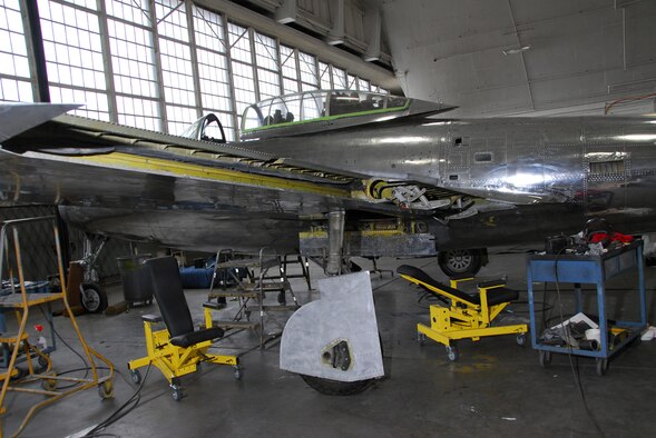 DAYTON, Ohio (02/2010) -- This F-84 is currently undergoing restoration at the National Museum of the U.S. Air Force. Once completed, the aircraft will feature the brightly colored artwork from Col. Joseph Davis Jr.'s aircraft, an F-84G nicknamed "Four Queens," which he flew during the Korean War. (U.S. Air Force photo)