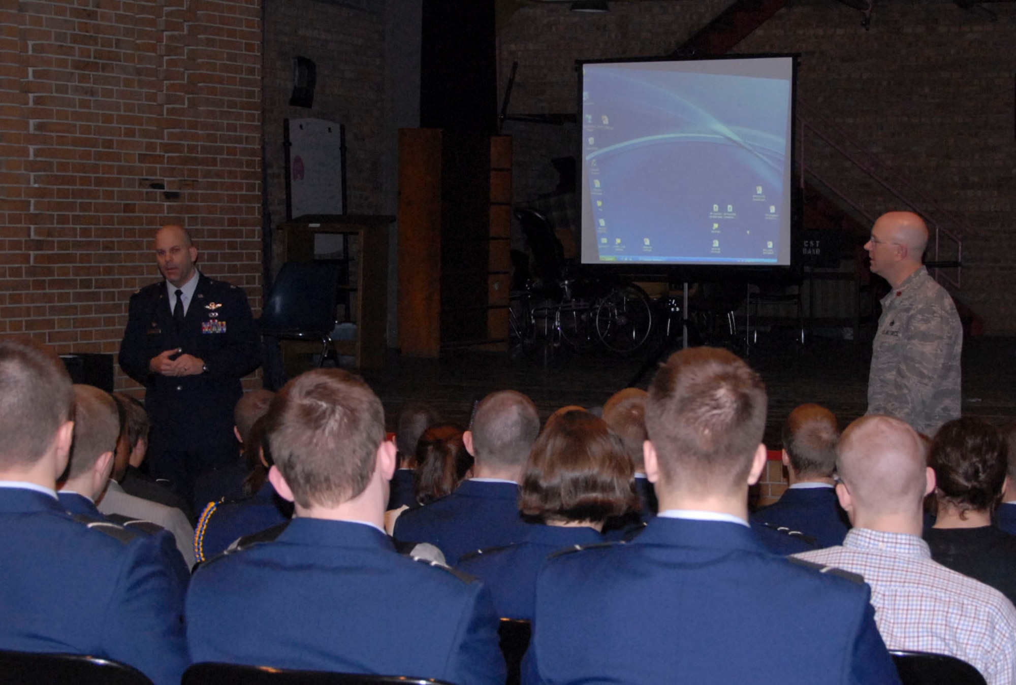Lt Col Anthony Chosa, 128 ARW, Maintenance Group Deputy Commander discusses the important role the KC-135R “stratotanker” plays in supporting the Air Force mission to Marquette University AFROTC cadets.