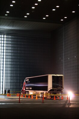 This Navistar truck is outfitted with special aerodynamic attachments produced by Lawrence Livermore Laboratory and is being tested in the AEDC-operated National Full-Scale Aerodynamics Complex 80-by-120 foot wind tunnel at NASA Ames in Mountain View, Calif. (Air Force photo by Joel Fortner)