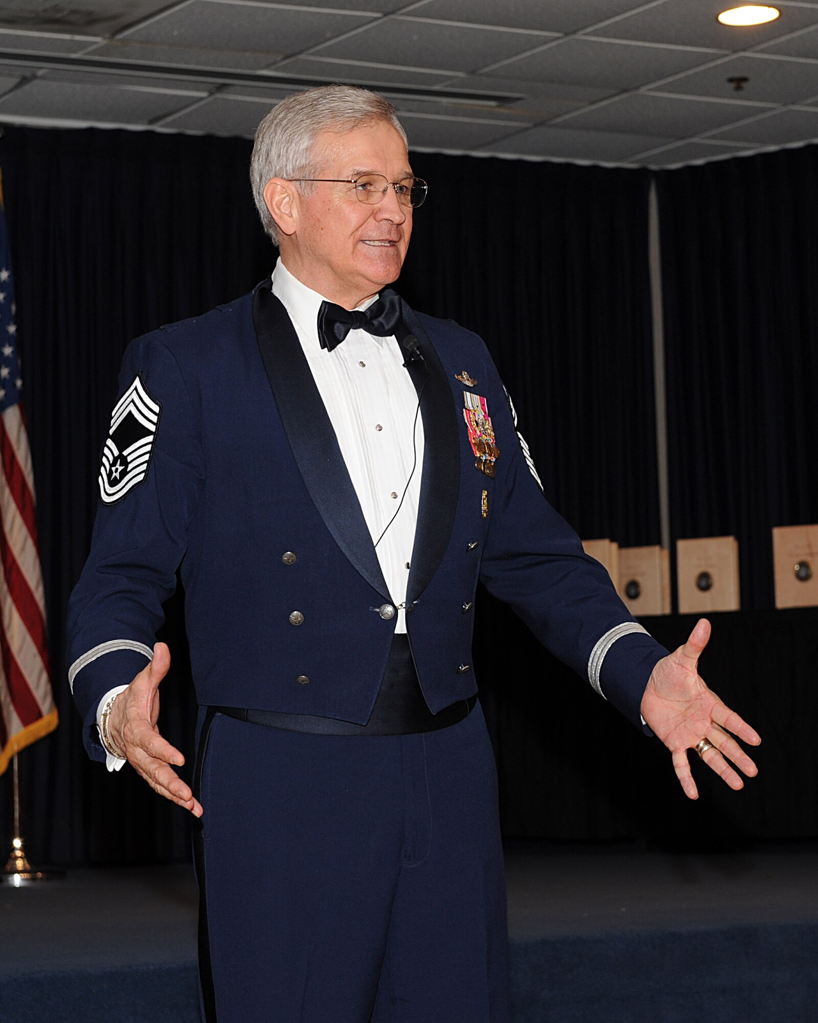 Retired Lt. Gen. Christopher A. Kelly wears honorary chief master sergeant stripes Feb. 13 while he addresses Little Rock AFB’s newest chief master sergeant selects with a motivational speech during the Annual Chief’s Recognition Ceremony. Fifteen chiefs and chief selects were formally recognized at the banquet highlighting their nomination to the top one percent of the Air Force’s enlisted corps. (U.S. Air Force photo by Staff Sgt. Chad Chisholm)