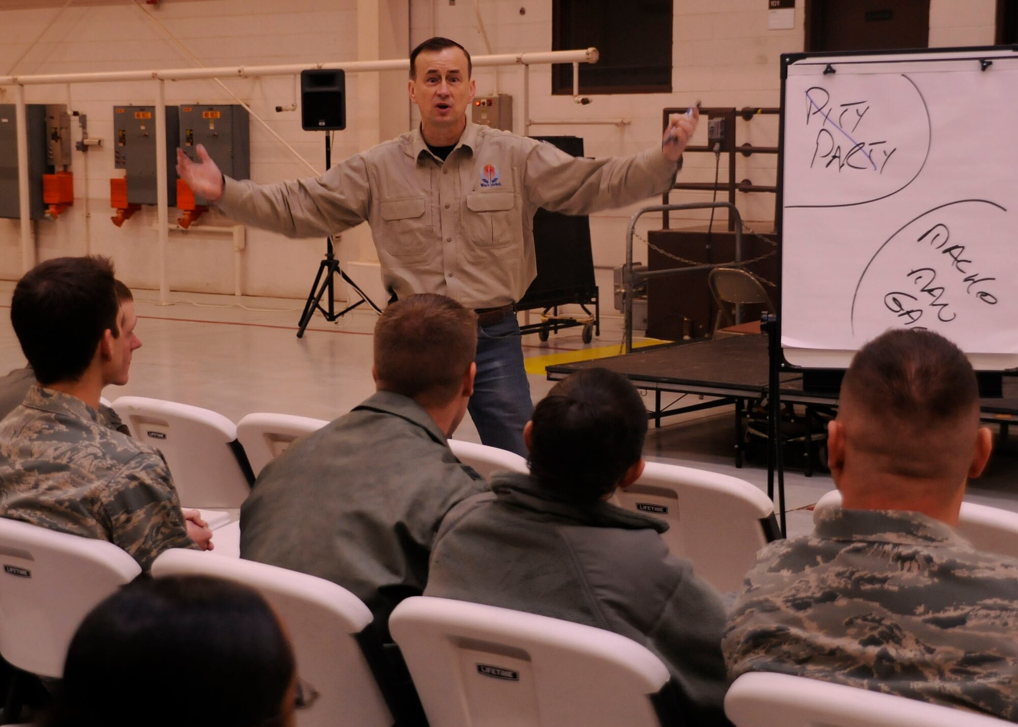 Retired Army Lt. Col. Dave Grossman speaks to Airmen on the psychological and physiological preparation for combat. Colonel Grossman briefed Airmen on Feb. 10 and 11 about the stress and mindset for combat situations. The briefing was gear for  Airmen who were most likely to deploy into a combat environment and operate outside a base perimeter. (U.S. Air Force photo by Senior Airman Erik Cardenas)