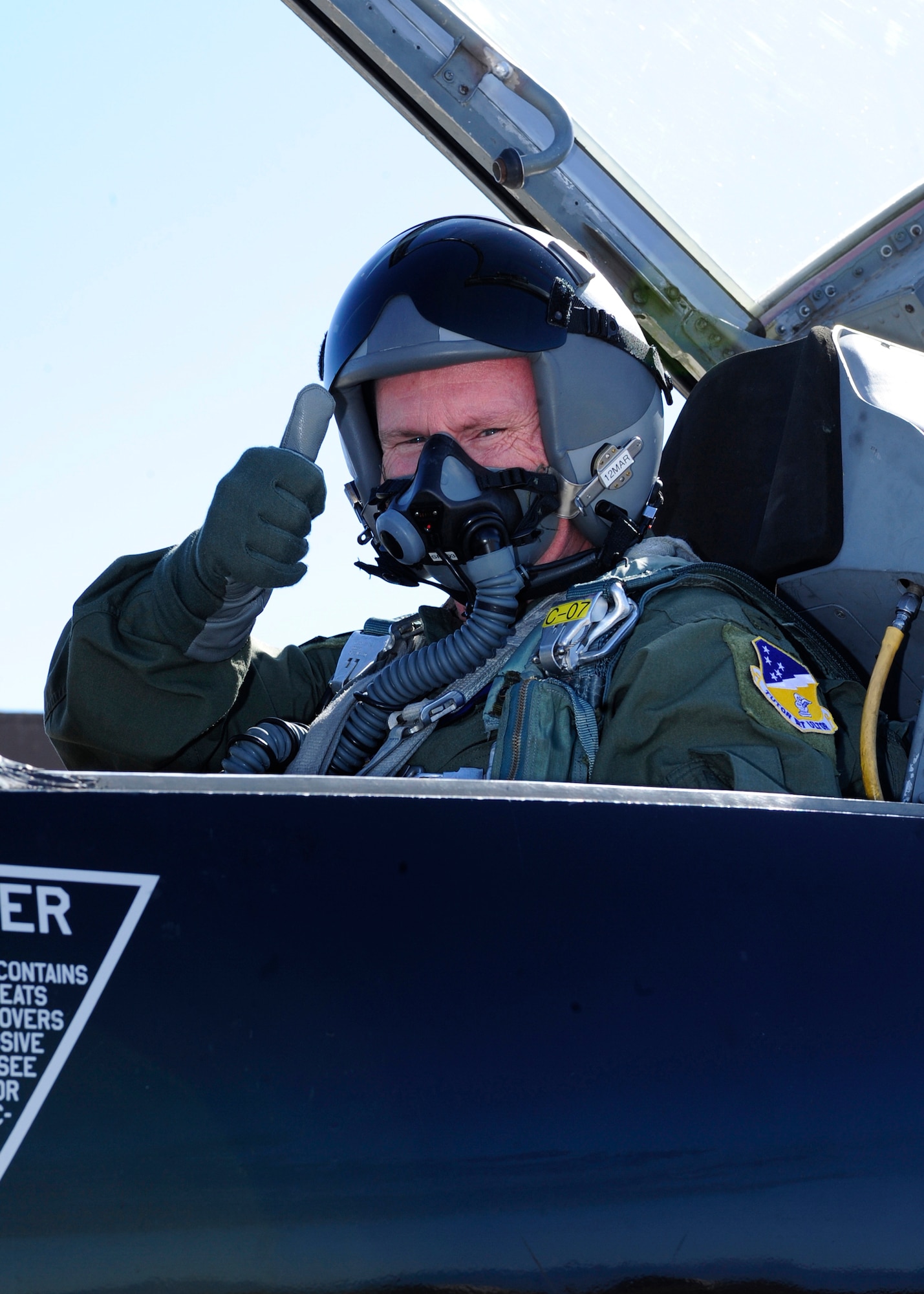 HOLLOMAN AIR FORCE BASE, N.M. -- Army Gen. John Regan, White Sands Missile Range commanding general, gives a thumbs-up as he prepares to taxi out in a T-38 Talon for a training mission over WSMR, Feb. 12. General Regan was treated to an incentive training flight and a tour of operations, including Remotely Piloted Aircraft training, during his visit to Holloman. (U.S. Air Force photo by Senior Airman Deandre Curtiss)