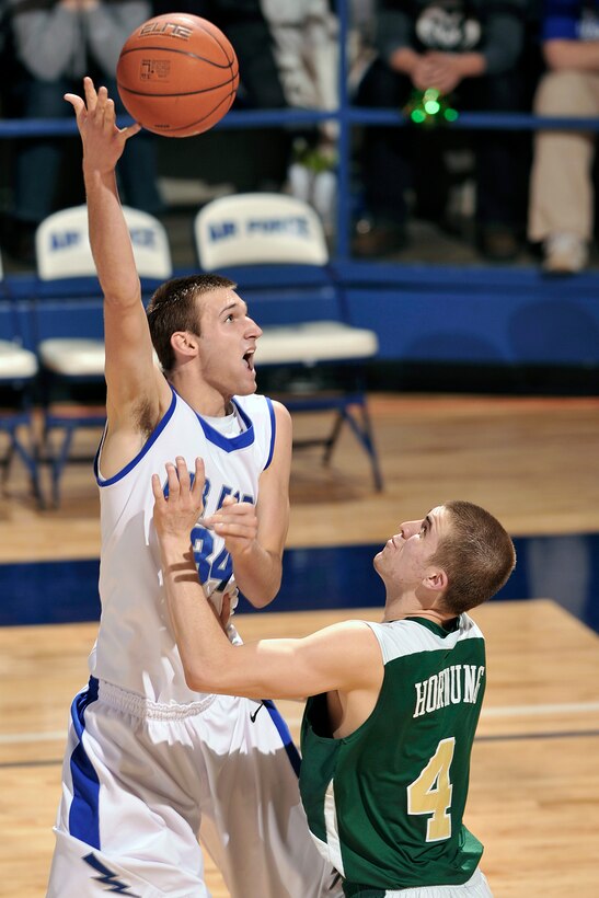 Falcon freshman Taylor Broekhuis lays up two points as Colorado State beat Air Force 51-47 in front of about 1,700 people at the Academy's Clune Arena Feb. 9, 2010.  The Falcons are 9-14 overall and 1-9 in the Mountain West Conference.  (U.S. Air Force photo/Mike Kaplan)