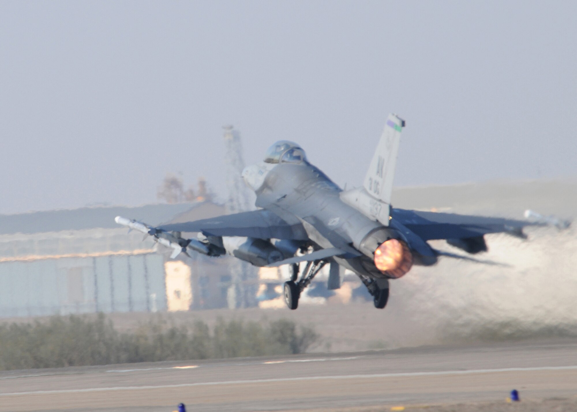 An F-16 from Aviano takes off at Zaragoza Air Base, Spain on February 2, 2010.  During their deployment here, the 555th Fighter Squadron flew 239 sorties in only nine flying days.  (U.S. Air Force photo/Senior Airman Tabitha M. Mans)