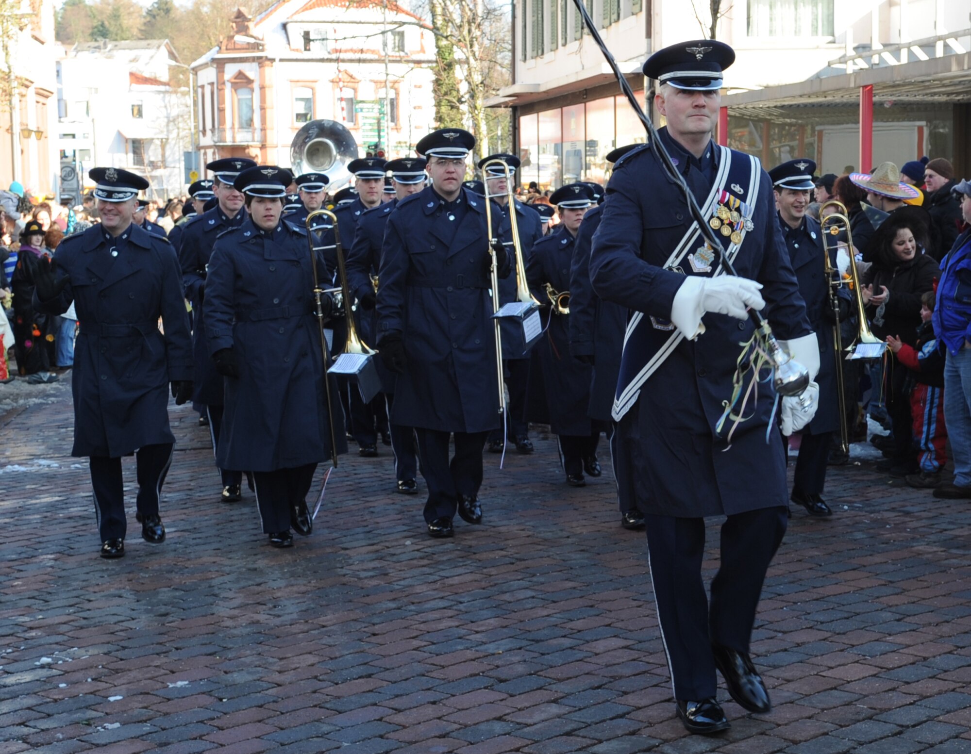 United States Air Forces in Europe Band performs for those in attendance during the annually celebrated Fasching in Ramstein village, Germany, Feb. 16, 2010. This annual event is a pre-Lenten carnival which is celebrated with the donning of wild and fancy costumes to chase away the evil spirits of winter in preparation for spring. (U.S. Air Force photo by Airman 1st Class Caleb Pierce)