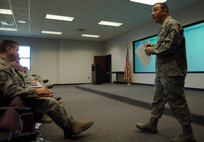Senior Master Sgt. Patrick Shaw speaks to a class of additional duty first sergeants here Feb. 16. As the active duty course director, Sergeant Shaw represents the U.S. Air Force First Sergeant Academy by teaching seminars about the additional duties and responsibilities that an acting first sergeant assumes. The curriculum is a standardized, state-of-the-art program designed to maximize a first sergeant's capabilities and develop enlisted leaders for the Air Force. Sergeant Shaw is the active duty course director with the First Sergeant Academy based out of Maxwell AFB, Ala. (U.S. Air Force Photo/Airman 1st Class Lauren Main)