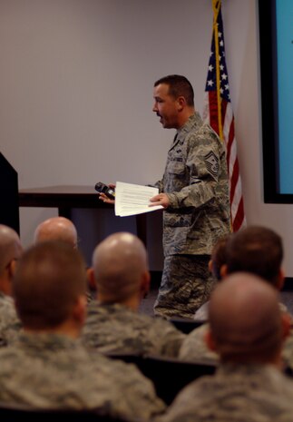 Senior Master Sgt. Patrick Shaw speaks to a class of additional duty first sergeants here Feb. 16. As the active duty course director, Sergeant Shaw represents the U.S. Air Force First Sergeant Academy by teaching seminars about the additional duties and responsibilities that an acting first sergeant assumes. Sergeant Shaw trains selected senior NCOs to serve as advisors to commanders on issues that impact Airmen to successfully accomplish the Air Force mission. Sergeant Shaw is the active duty course director with the First Sergeant Academy based out of Maxwell AFB, Ala. (U.S. Air Force Photo/Airman 1st Class Lauren Main)