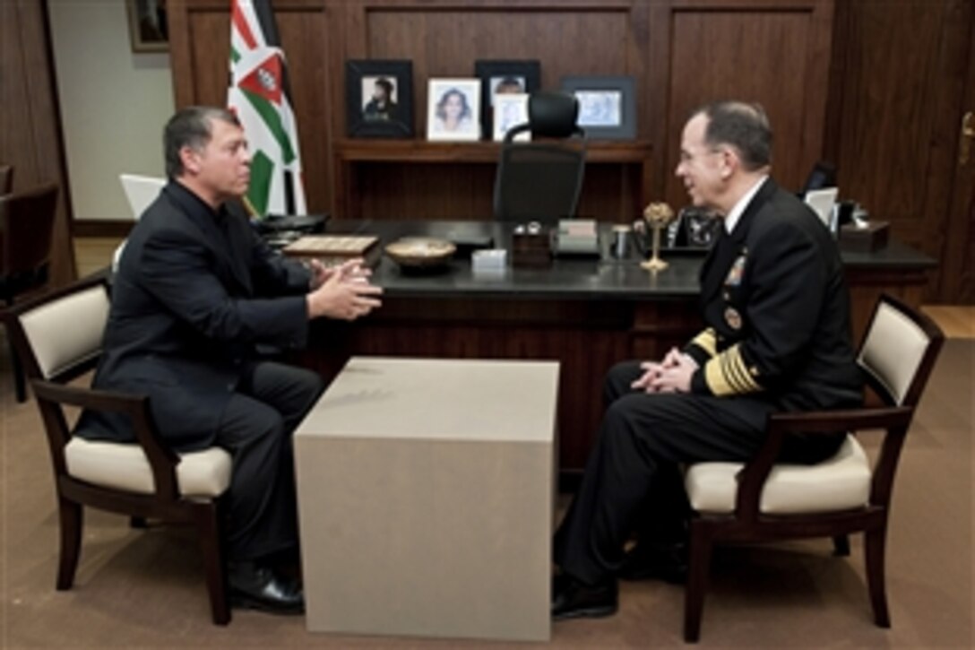 King Abdullah of Jordan meets with U.S. Navy Adm. Mike Mullen, chairman of the Joint Chiefs of Staff, during a visit to Amman, Jordan, Feb. 16, 2010. Mullen is touring the region, visiting with key partners and allies.