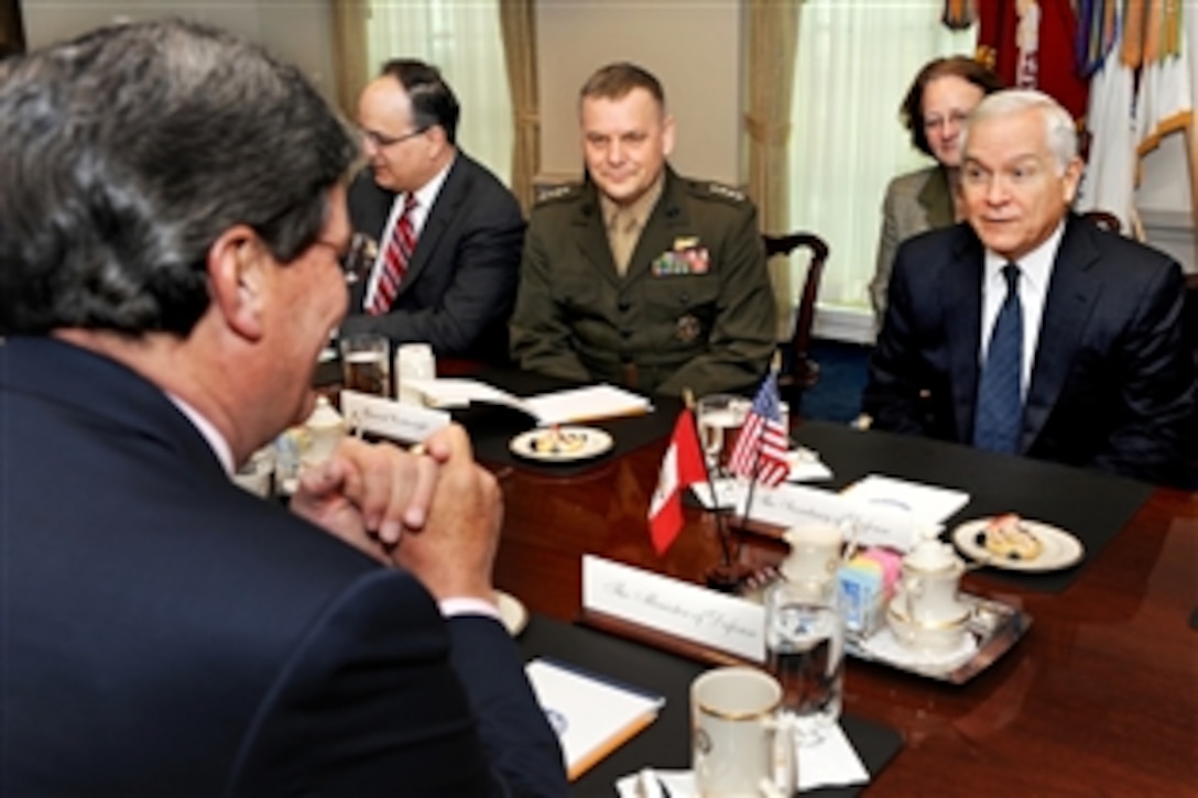 Defense Secretary Robert M. Gates, right, hosts a meeting to discuss regional and security issues with visiting Peruvian Defense Minister Rafael Rey, left foreground, at the Pentagon, Feb. 17, 2010. Marine Corps Gen. James E. Cartwright, vice chairman of the Joint Chiefs of Staff, center, and Frank Mora, far left, deputy assistant secretary of defense for Western Hemisphere Affairs, joined Gates.