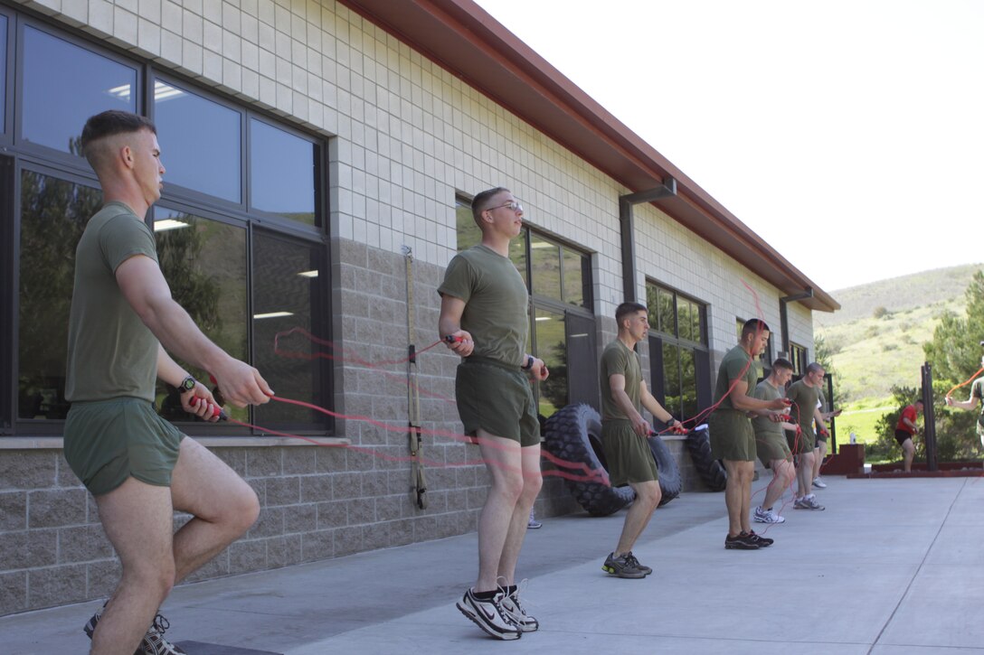 A group of Marines takes part in the 10-minute jump rope challenge as part of the “Jump Start Your Heart” event at the 43 Area fitness center, Feb. 17. The goal of the challenge is to jump rope continuously for 10 minutes in an effort to improve heart and cardiovascular health. Semper Fit puts on the event multiple times throughout the month of February as part of American Heart Month. Semper Fit offers information for heart and cardiovascular health year-round at the Health Promotions Center, through free fitness assessments by personal trainers on base and free cholesterol testing.