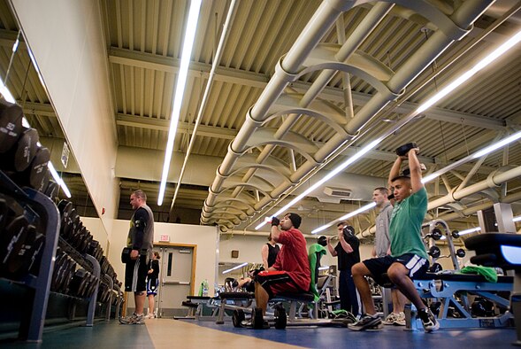 KUNSNAN AIR BASE, Republic of Korea-8th Fighter Wing Airmen lift weights at the base gym. As part of the 8th Force Support Squadron sustainment services flight, the gym offers a variety of cardio and strength training equipments. (U.S. Air Force photo Senior Airman Jonathan Steffen)
