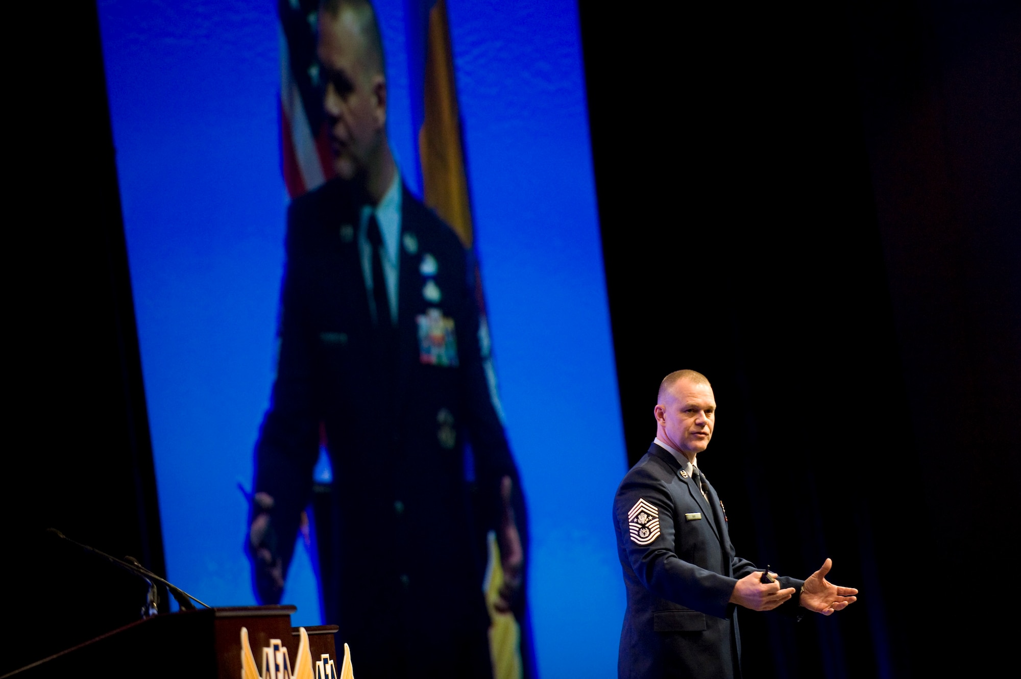 Chief Master Sgt. of the Air Force James A. Roy speaks about the enlisted perspective during the Air Force Association's Air Warfare Symposium and Technology Exposition Feb. 18, 2010, at the Rosen Shingle Creek Hotel in Orlando, Fla. The symposium will run through Feb. 19.  (U.S. Air Force photo/Staff Sgt. Desiree N. Palacios)
