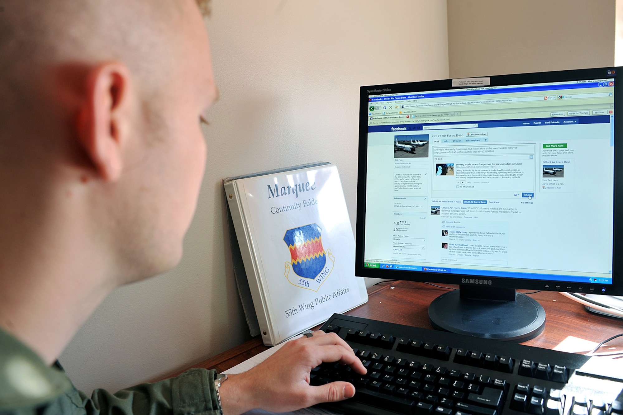 OFFUTT AIR FORCE BASE, Neb. - Senior Airman Zach Stanton, public affairs augmentee assigned to the 338th Combat Training Squadron, adds an entry to the Offutt Facebook fan page Feb. 17. The PA office uses various channels of communication to inform the Team Offutt community of event and issues at the base such as severe weather. 

U.S. Air Force photo by Charles Haymond