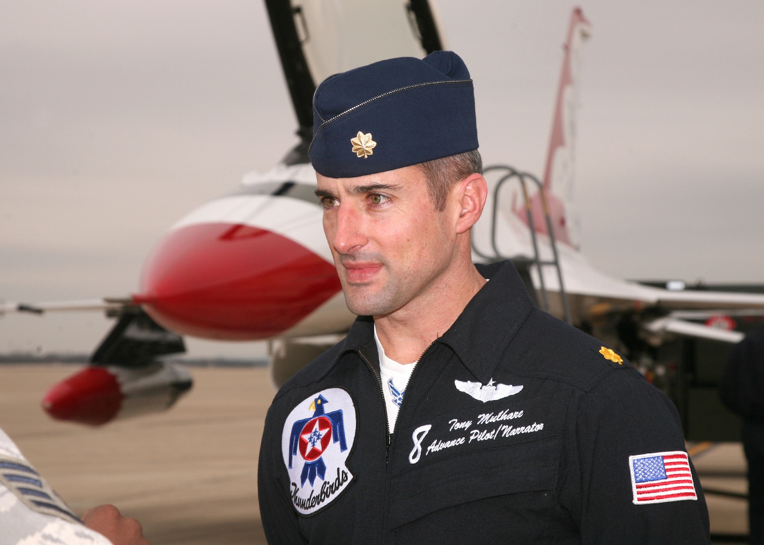 Maj. Anthony Mulhare, Air Force Thunderbirds advance pilot, talks about the team's upcoming performances during AirFest 2010, Nov. 6 - 7. (U.S. Air Force photo/Robbin Cresswell)