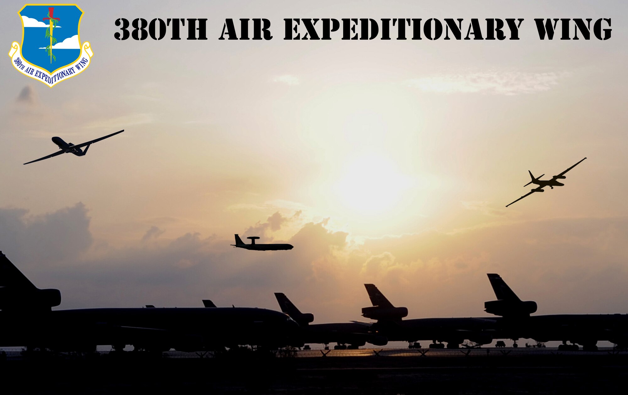 This photo illustration highlights the four different airframes in the 380th Air Expeditionary Wing at a non-disclosed location.  To the left is the RQ-4 Global Hawk, in the upper center portion is the E-3 Sentry Airborne Warning and Control System aircraft, to the right is the U-2 Dragonlady and at the base are several KC-10 Extenders. All of the airframes are tools of the trade for the Airmen of the 380th Air Expeditionary Wing as they support operations Iraqi Freedom, Enduring Freedom and the Combined Joint Task Force-Horn of Africa. (U.S. Air Force Photo Illustration/Master Sgt. Scott T. Sturkol/Released)