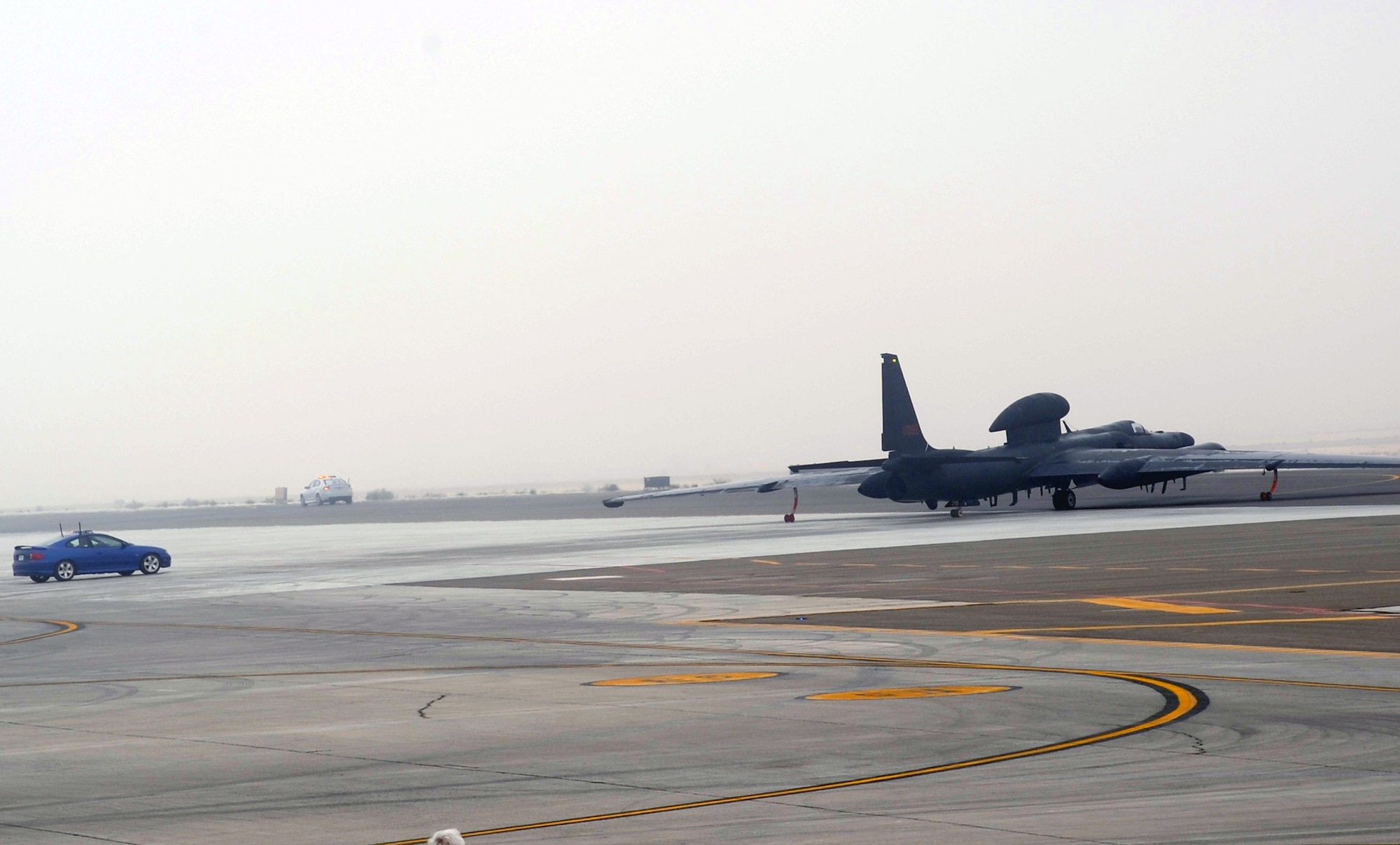 A pilot steers a U-2 Dragonlady toward the runway for a mission from a non-disclosed base in Southwest Asia on Feb. 16, 2010.  The U-2, assigned to the 99th Expeditionary Reconnaissance Squadron, is a single-seat, single-engine, high-altitude/near space reconnaissance and surveillance aircraft providing signals, imagery and electronic measurements and signature intelligence. As part of the 380th Air Expeditionary Wing, the 99th ERS supports operations Iraqi Freedom and Enduring Freedom and the Combined Joint Task Force-Horn of Africa. (U.S. Air Force Photo/Master Sgt. Scott T. Sturkol/Released)