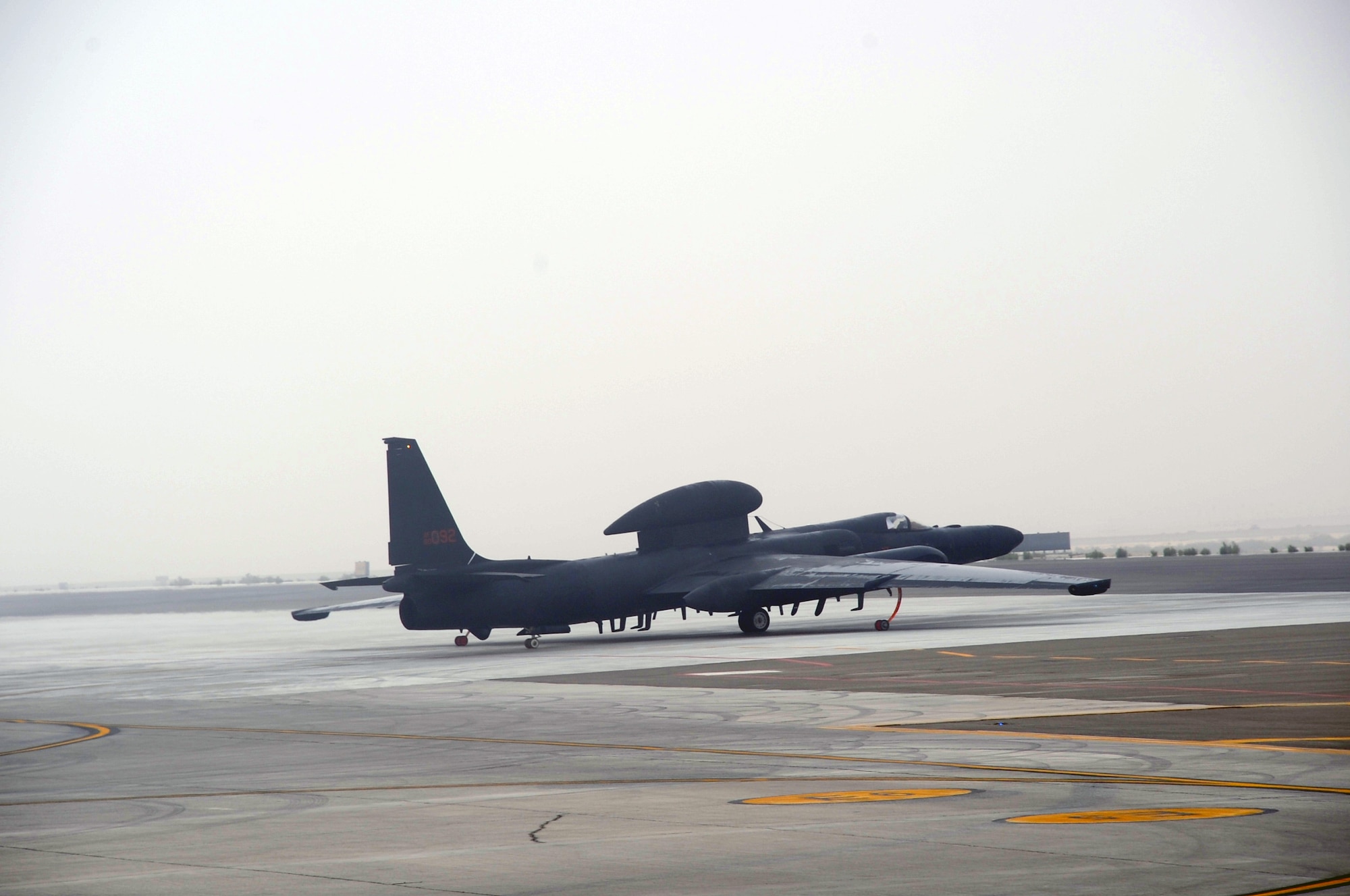 A pilot steers a U-2 Dragonlady toward the runway for a mission from a non-disclosed base in Southwest Asia on Feb. 16, 2010.  The U-2, assigned to the 99th Expeditionary Reconnaissance Squadron, is a single-seat, single-engine, high-altitude/near space reconnaissance and surveillance aircraft providing signals, imagery and electronic measurements and signature intelligence. As part of the 380th Air Expeditionary Wing, the 99th ERS supports operations Iraqi Freedom and Enduring Freedom and the Combined Joint Task Force-Horn of Africa. (U.S. Air Force Photo/Master Sgt. Scott T. Sturkol/Released)