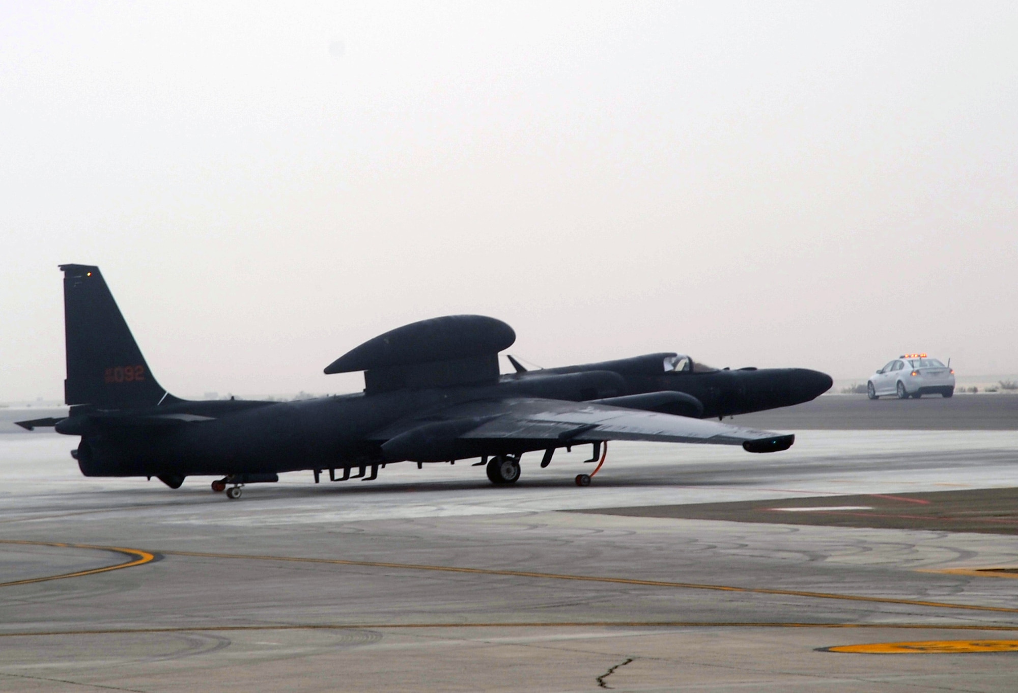 A pilot steers a U-2 Dragonlady toward the runway for a mission from a non-disclosed base in Southwest Asia on Feb. 16, 2010.  The U-2, assigned to the 99th Expeditionary Reconnaissance Squadron, is a single-seat, single-engine, high-altitude/near space reconnaissance and surveillance aircraft providing signals, imagery and electronic measurements and signature intelligence. As part of the 380th Air Expeditionary Wing, the 99th ERS supports operations Iraqi Freedom and Enduring Freedom and the Combined Joint Task Force-Horn of Africa. (U.S. Air Force Photo/Master Sgt. Scott T. Sturkol/Released)