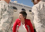 Department of Homeland Security Secretary Janet Napolitano is greeted by Col. Patrick Fogarty (left), 802nd Mission Support Group commander, and Chief Master Sgt. Juan Lewis, 502nd Air Base Wing command chief, upon her arrival at Lackland's Kelly Field Annex Feb. 16. During her visit to the base, Secretary Napolitano toured the Transportation Security Administration working dog training facility. (U.S. Air Force photo/Robbin Cresswell)