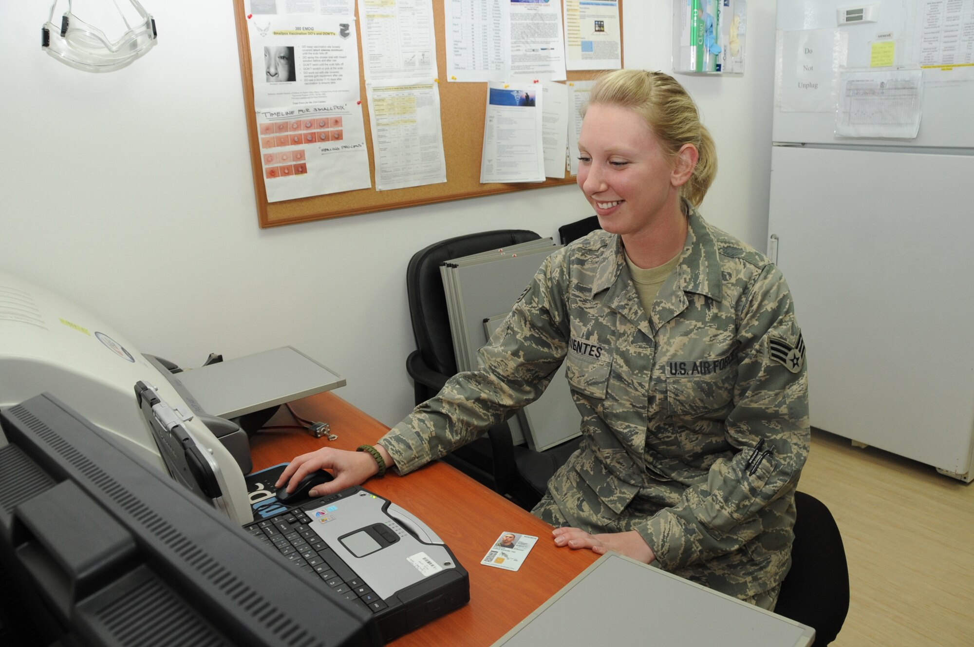 Senior Airman Shara Fuentes, 380th Expeditionary Wing Medical Group medical technician loads an x-ray to a computer at an undisclosed location in Southwest Asia on Feb 15, 2010. The 380th AEW is comprised of four groups and 12 squadrons and the wing's deployed mission includes air refueling, surveillance, and reconnaissance in support of overseas contingency operations in Southwest Asia. The wing supports Operation Iraqi Freedom, Operation Enduring Freedom and the Combined Joint Task Force-Horn of Africa. (U.S. Air Force photo/Senior Airman Jenifer H. Calhoun/Released)
