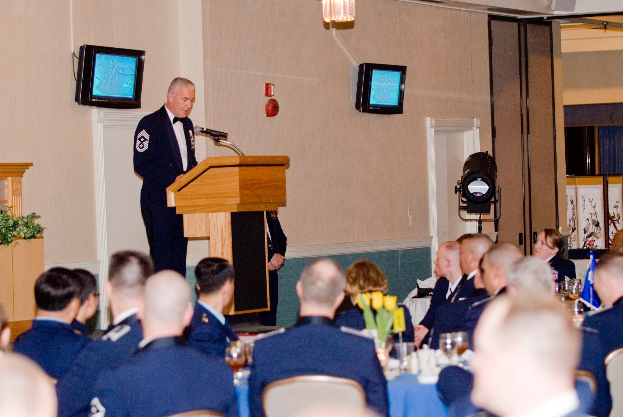 KUNSAN AIR BASE, Republic of Korea-Command Chief Master Sgt. Brooke McLean, command chief master sergeant of Pacific Air Forces, delivered an encouraging speech to the new chiefs about what it means to be a chief master sergeant in the U.S. Air Force, during the chiefs' induction ceremony, here, Feb. 13. The purpose of the induction ceremony was to celebrate and recognize the four new Chiefs being promoted in the Wolf Pack. (U.S. Air Force photo/Senior Airman Jonathan Steffen)

